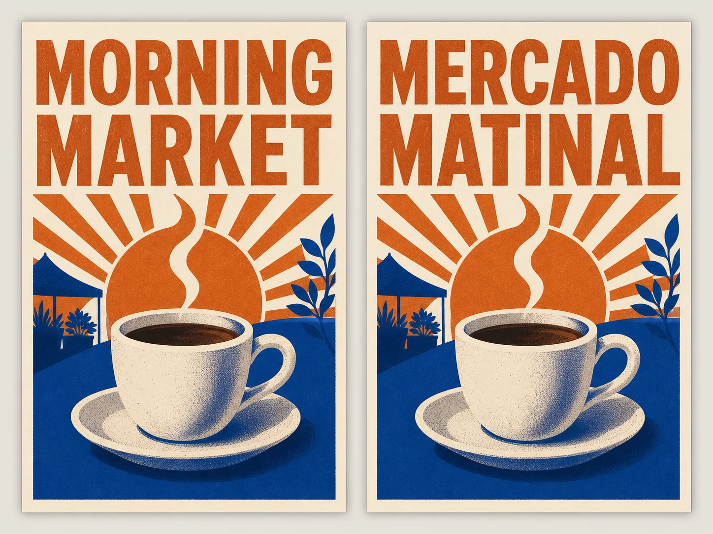 Paired fictional coffee posters with concise English and Spanish text in matching layouts