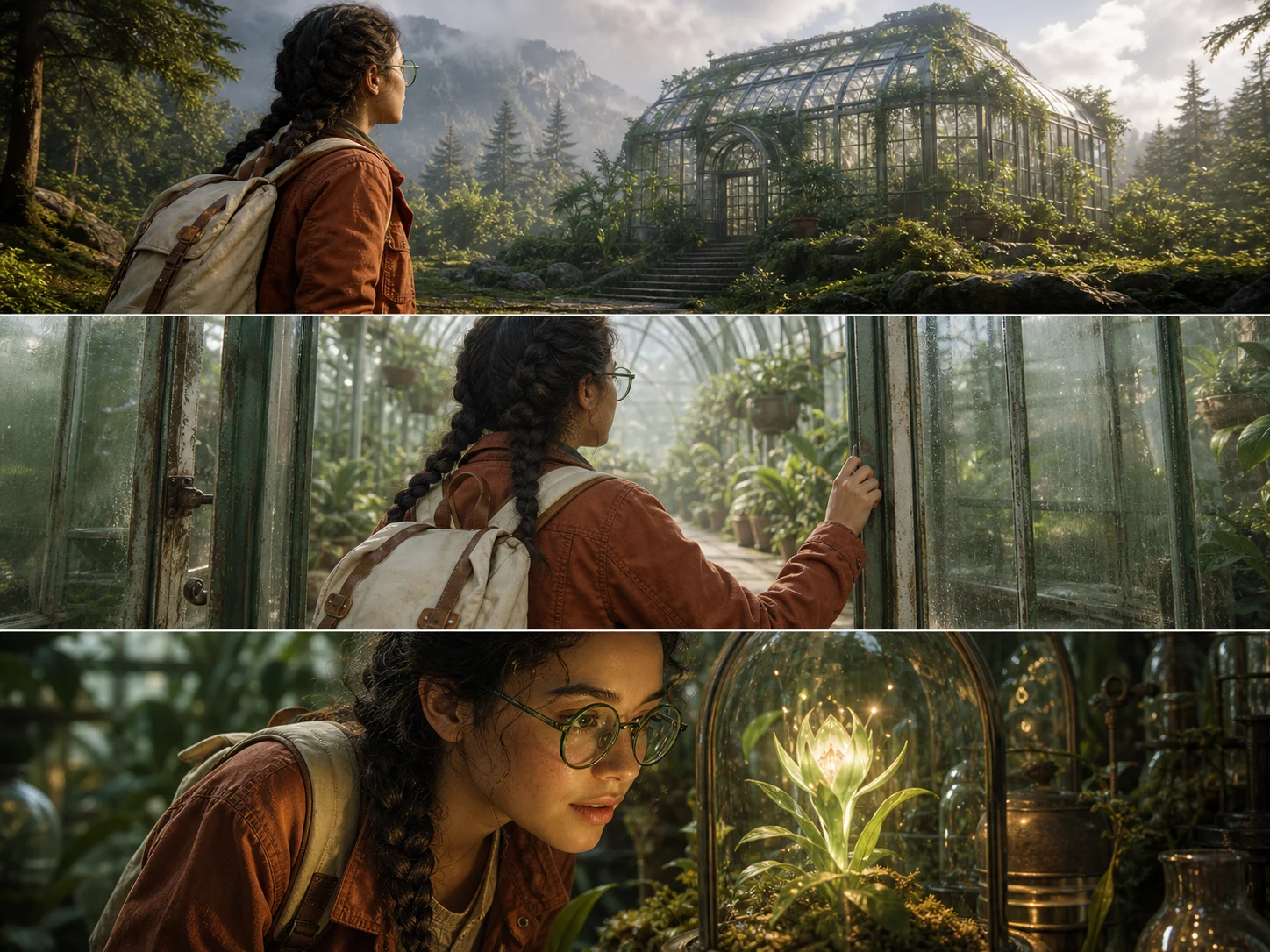 Three-panel storyboard with one consistent original explorer character
