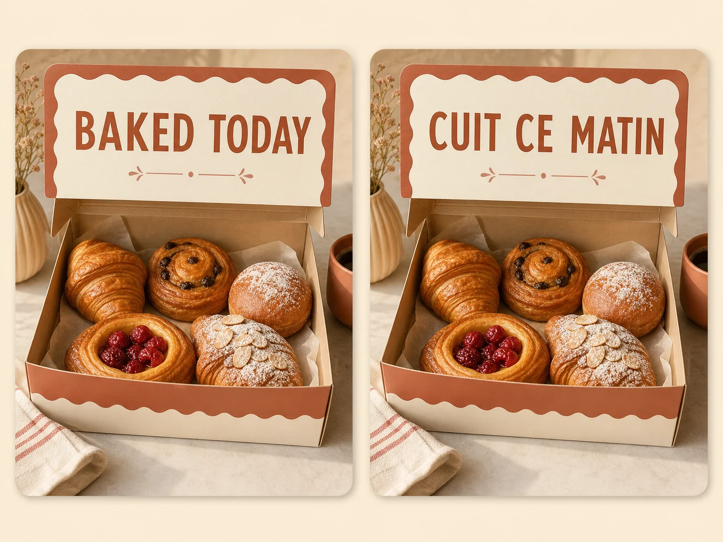Matching fictional bakery campaign cards localized in English and French