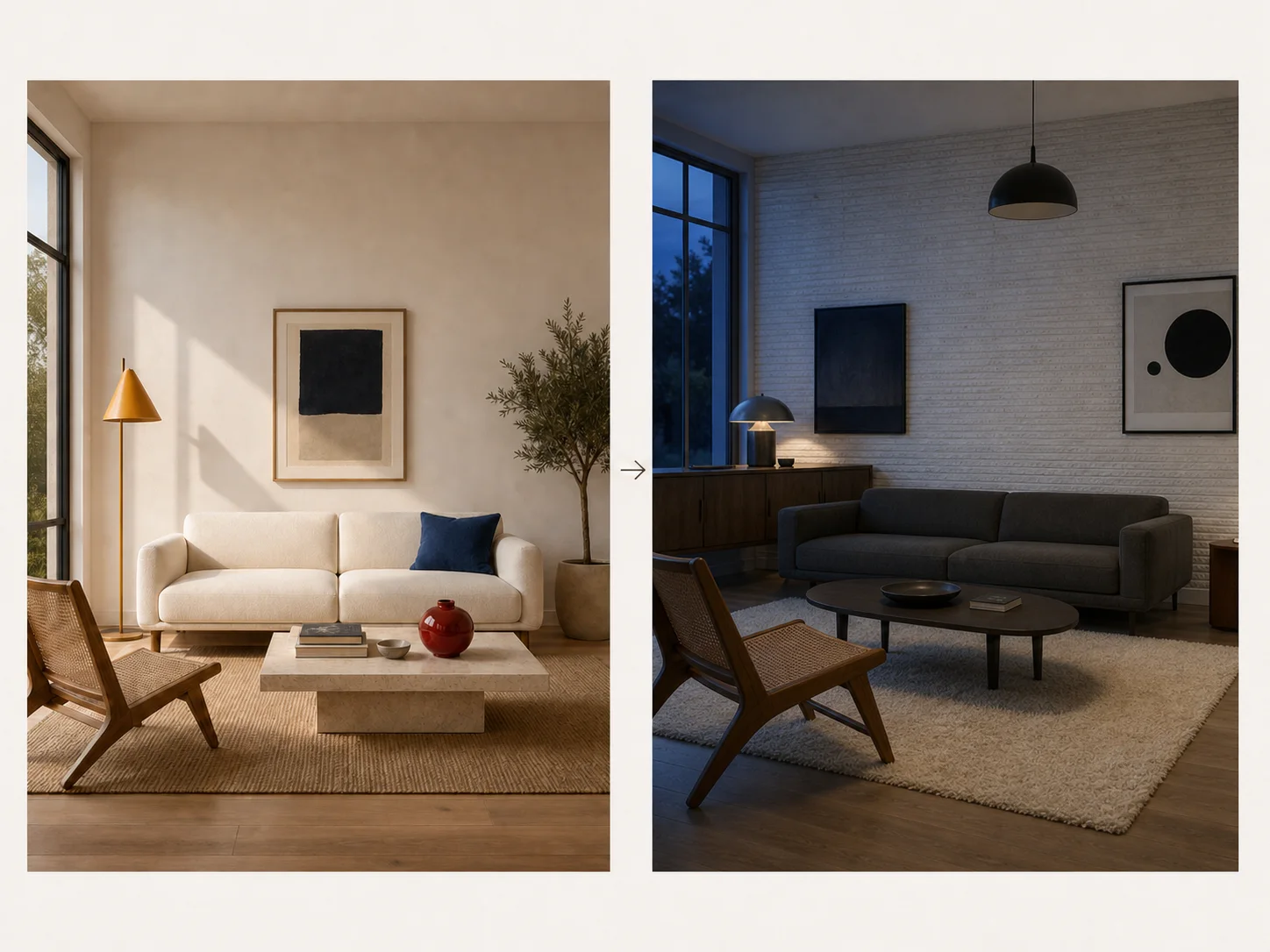 Room edit where furniture, camera, lighting, and architecture drift together