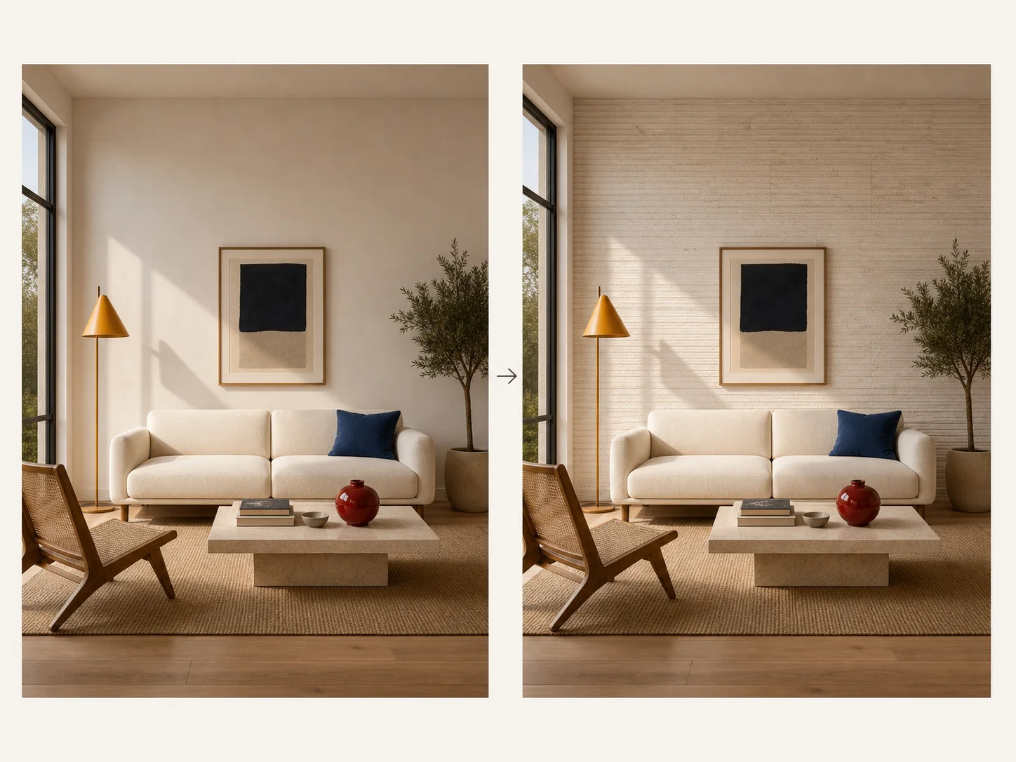 Matched room edit changing only the wall material while preserving the furniture and light