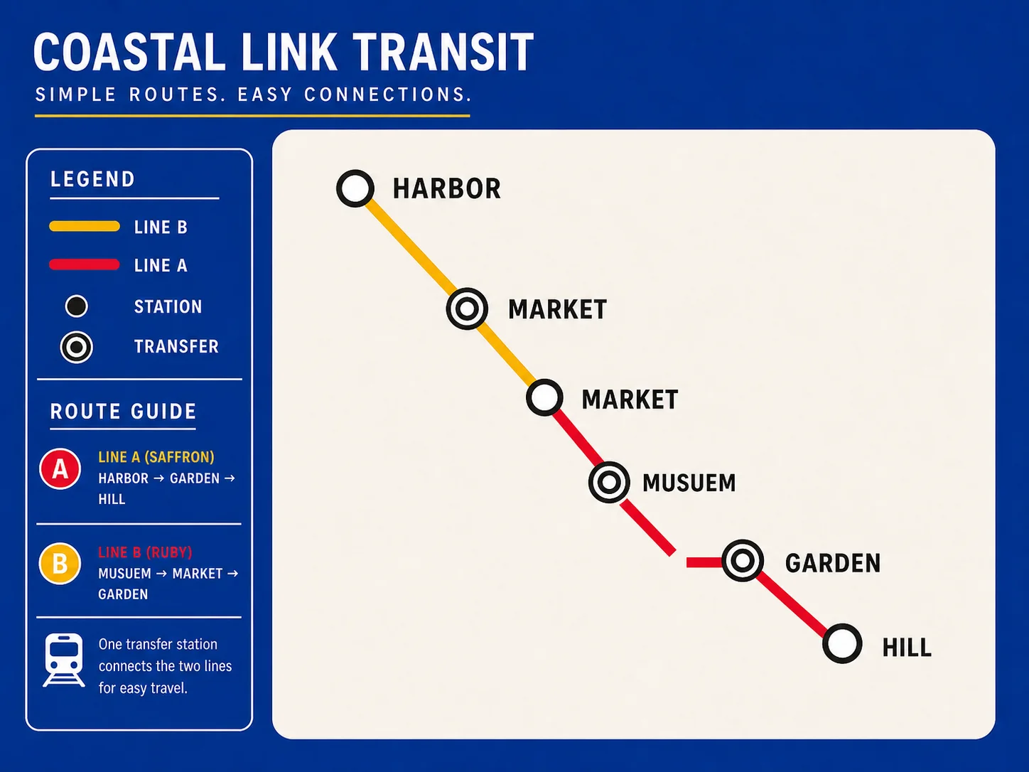 Transit infographic draft with contradictory labels, route order, and legend