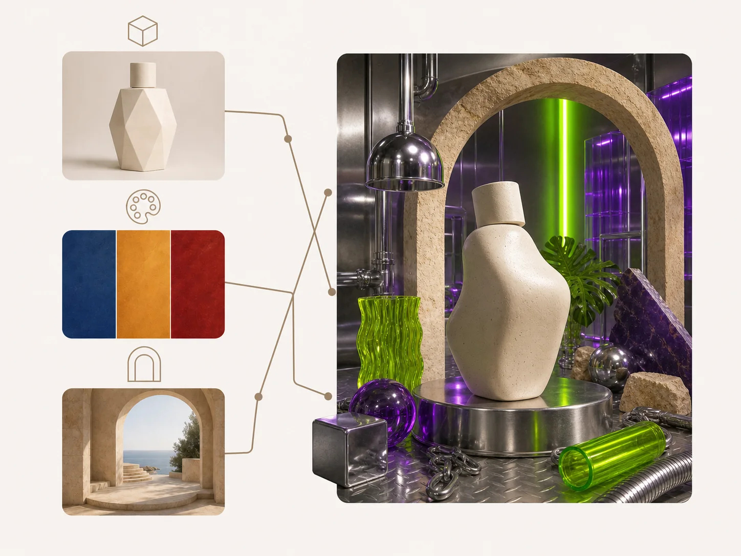 Product campaign disrupted by conflicting shapes, palettes, and environments