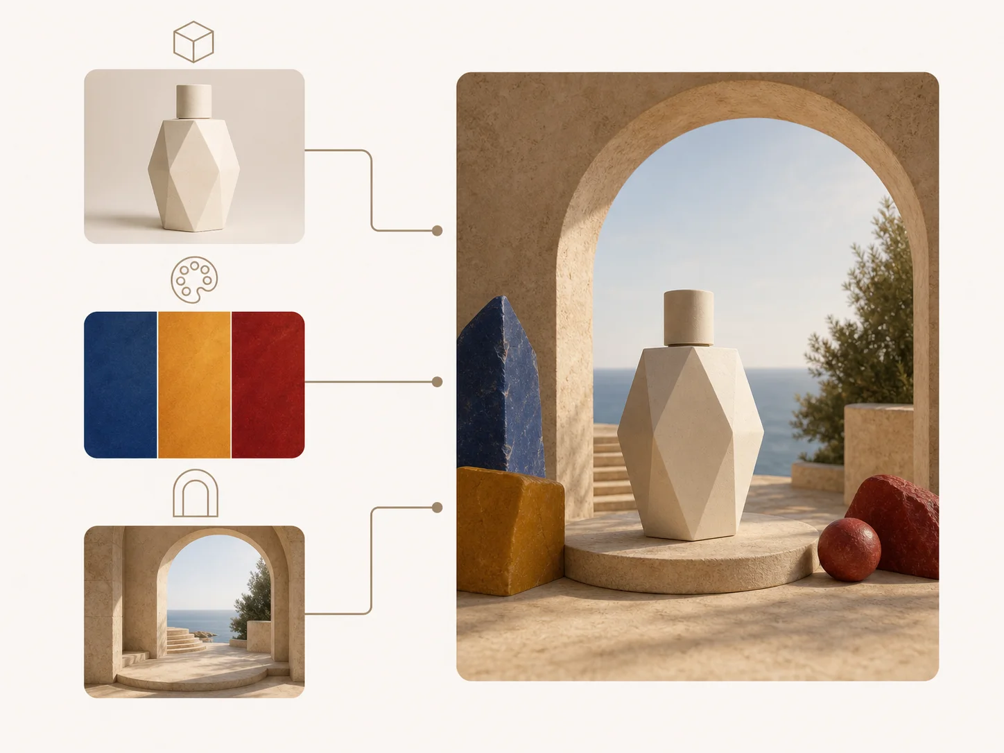 Three labeled visual roles resolved into one coherent product campaign