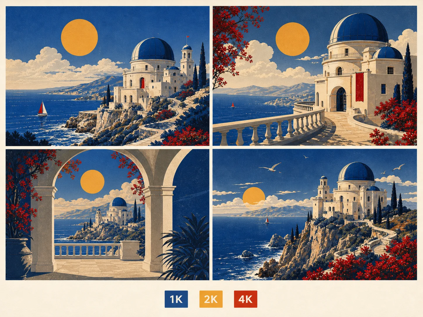 Four coordinated travel poster directions shown with 1K, 2K, and 4K review cues