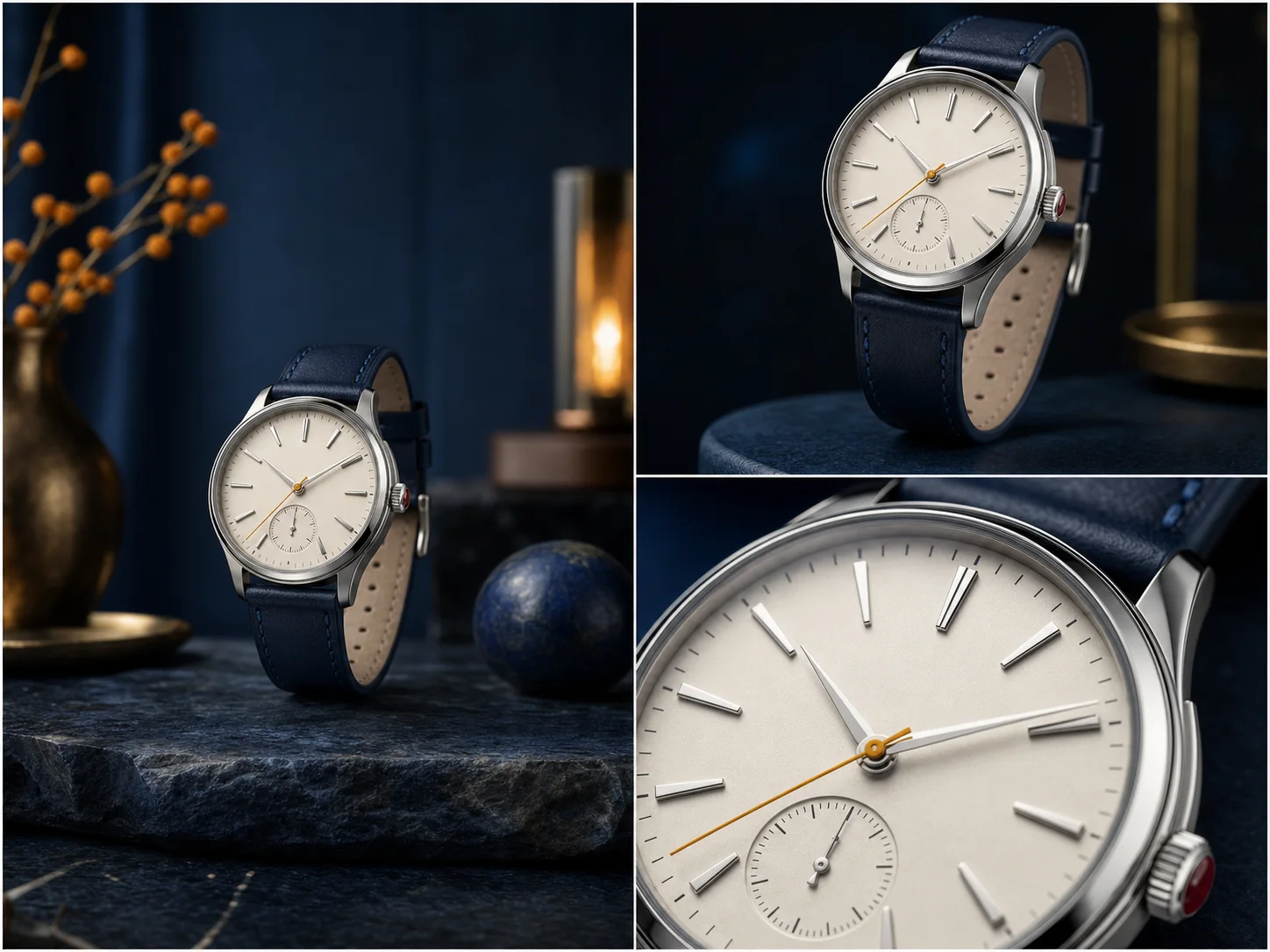Same fictional watch campaign shown in wide, medium, and close camera treatments