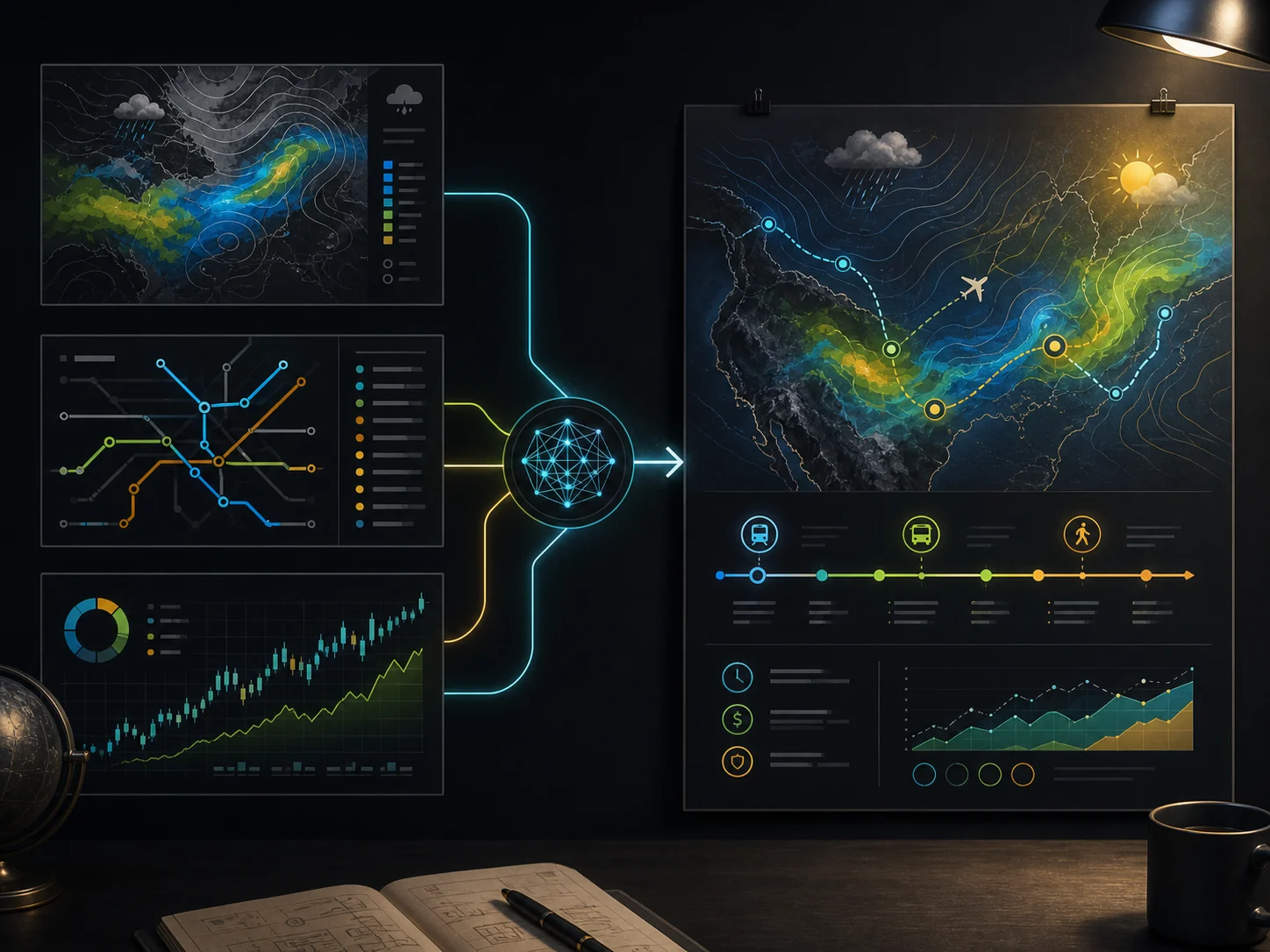 Current information panels feeding a finished travel-planning visual
