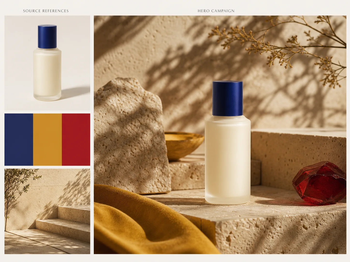 Fictional skincare product campaign built from product, palette, and environment references