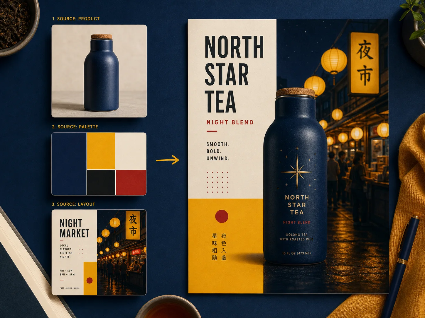 Nano Banana Pro workflow combining a product reference, layout reference, and localized campaign result