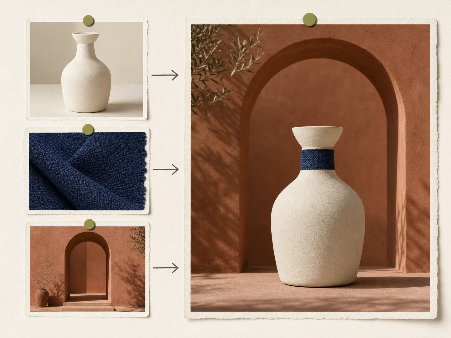 Recommended multi-reference composition with distinct product, material, and backdrop roles