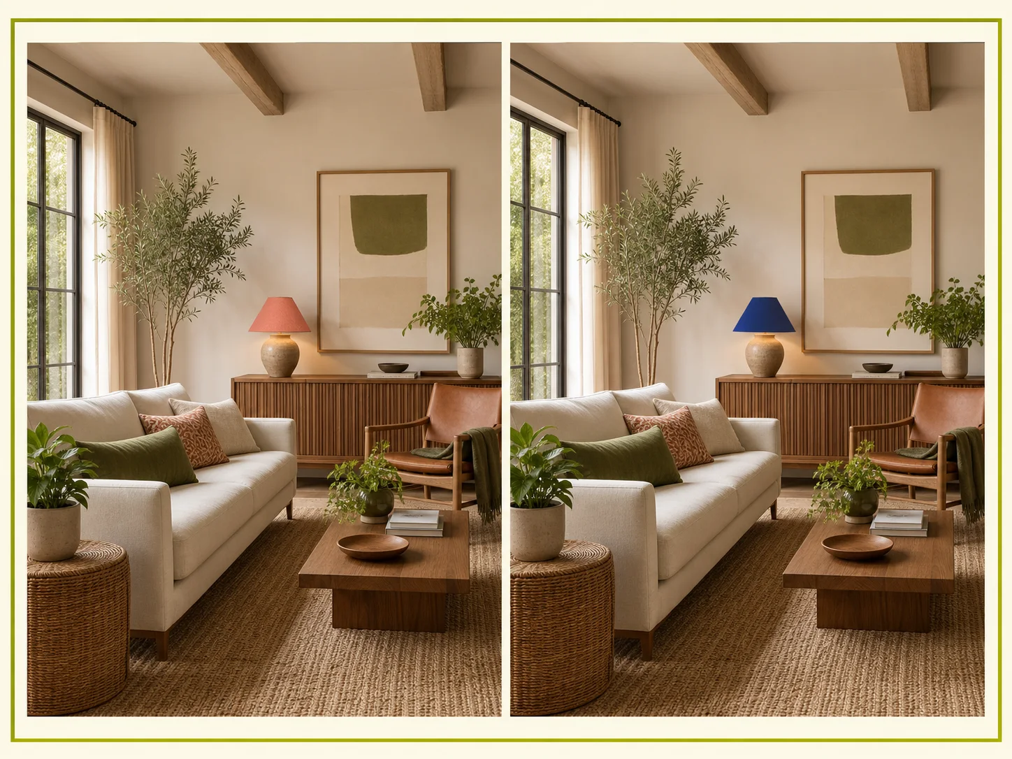 Matching room images before and after only a ceramic lamp shade changes color