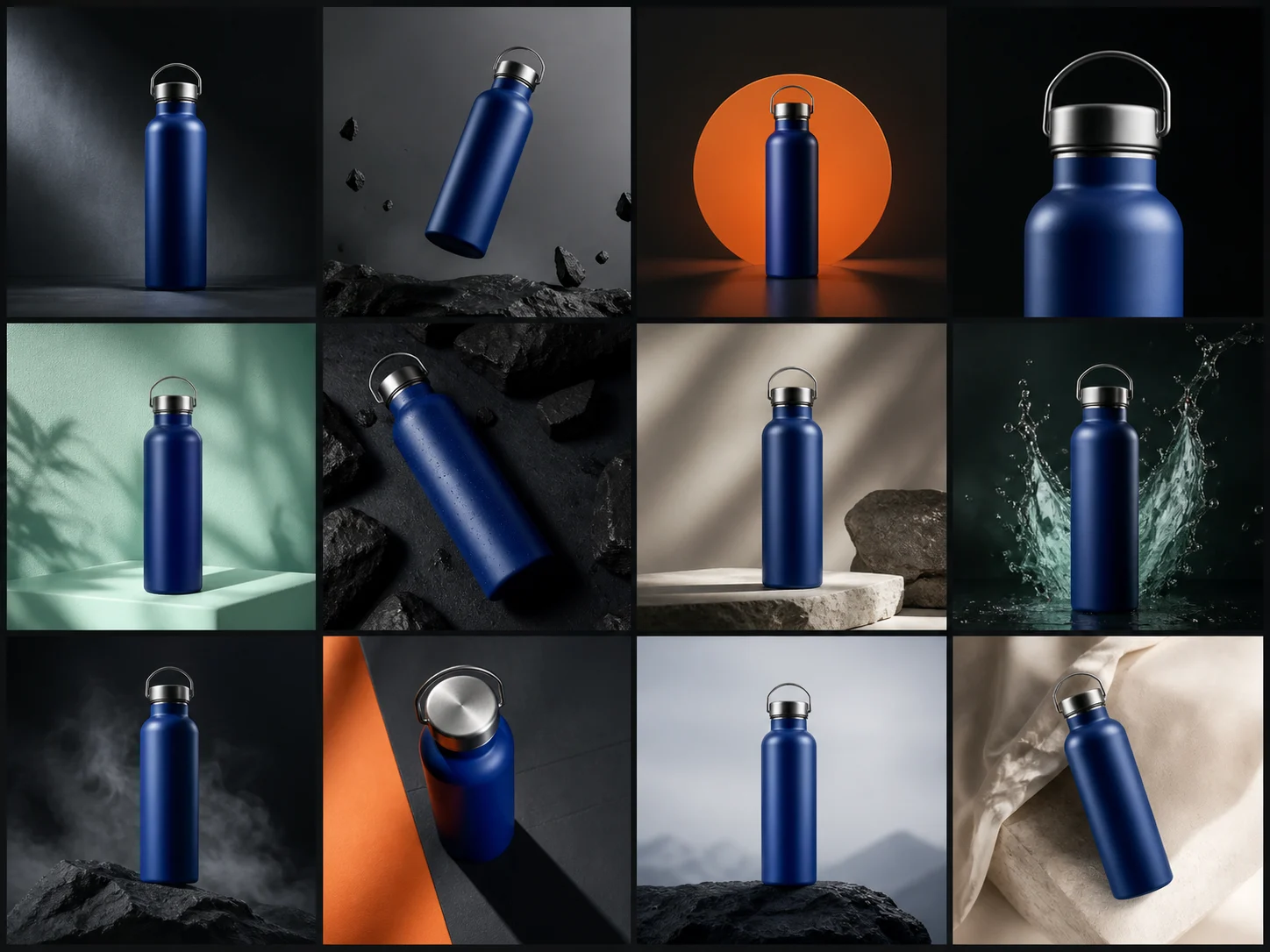 Twelve coordinated product campaign drafts in a contact sheet