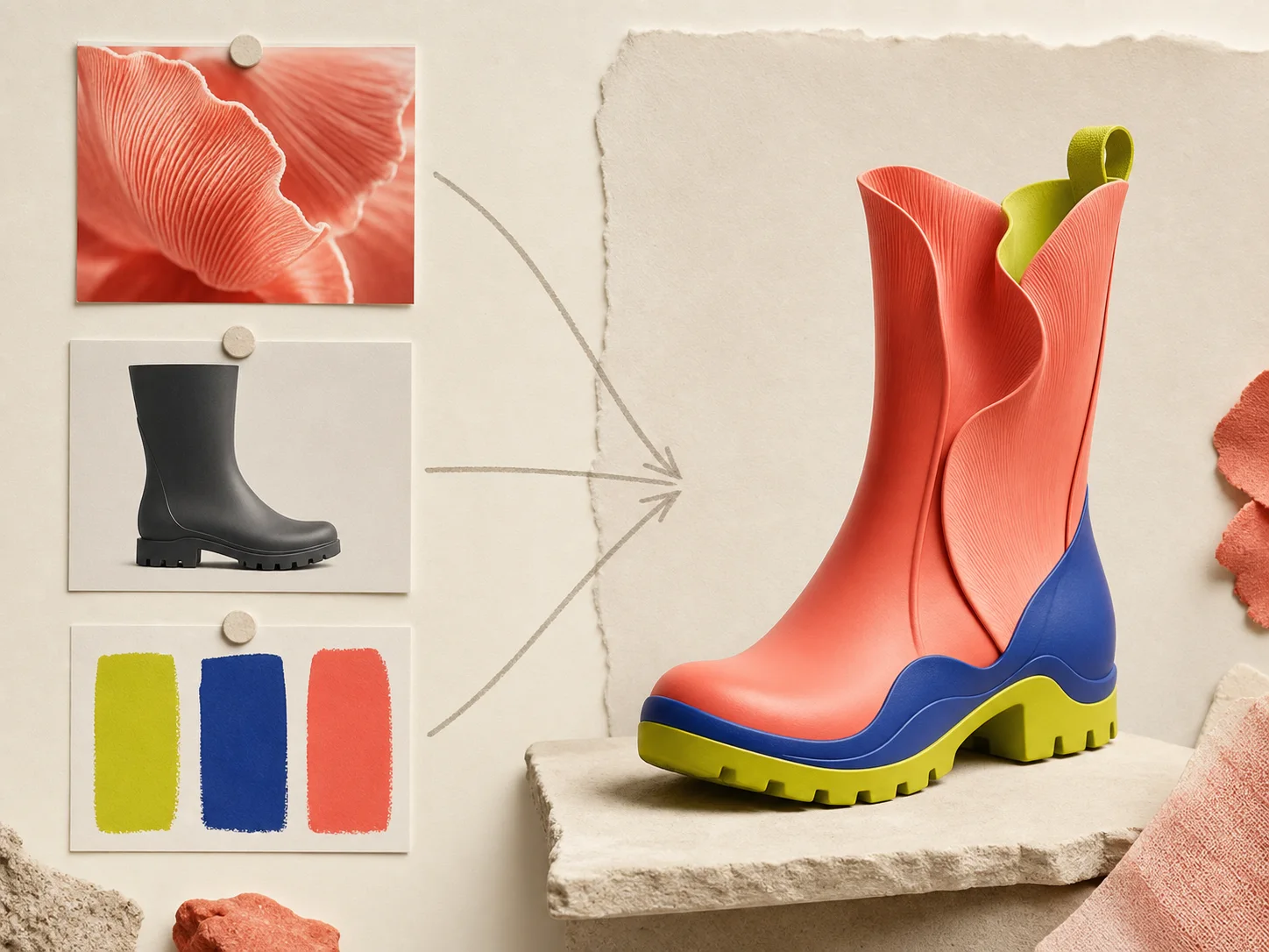 Pattern, footwear, and color references combined into one original rain boot concept