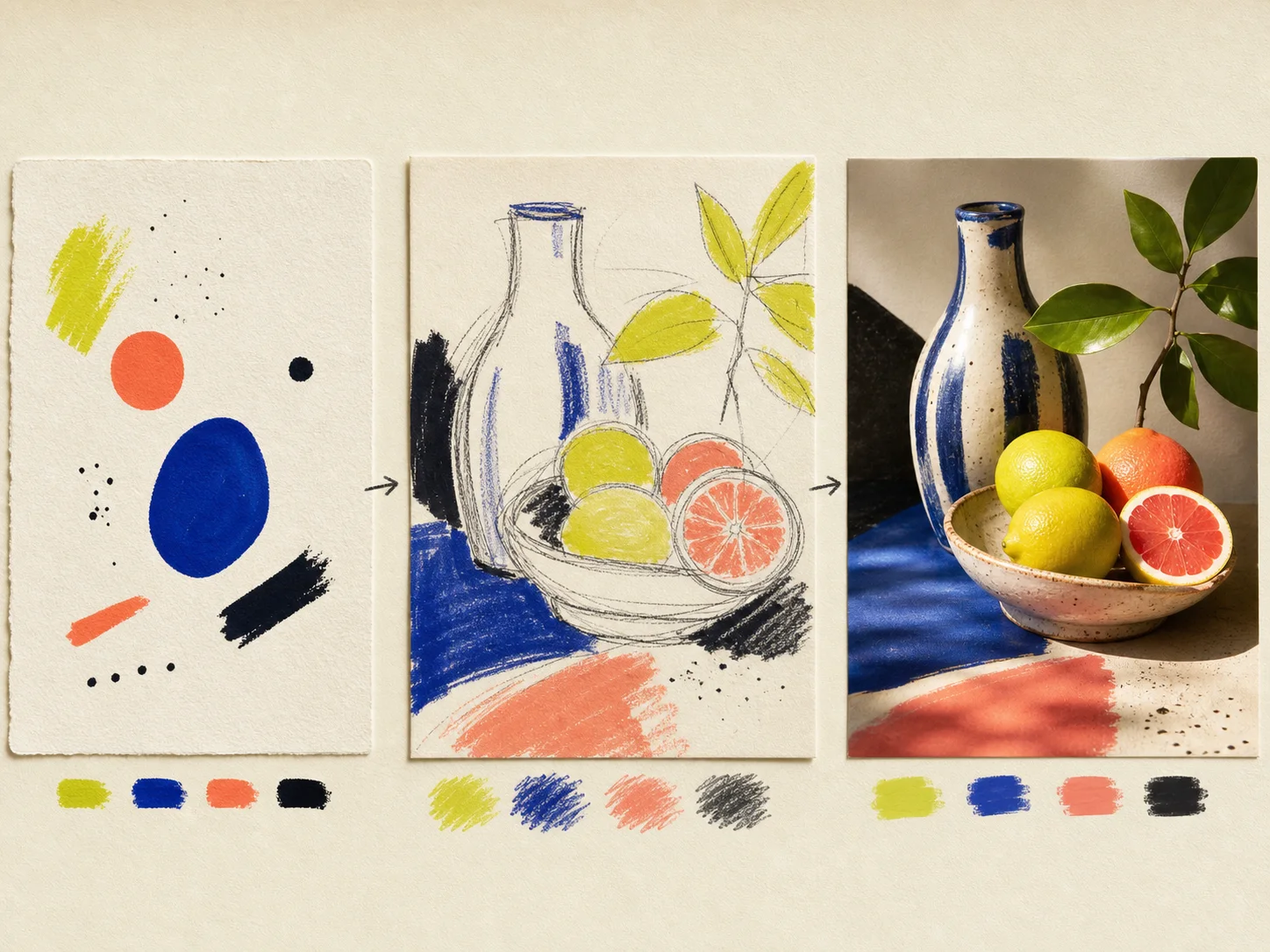 A plain-language creative brief developing into a finished editorial still life