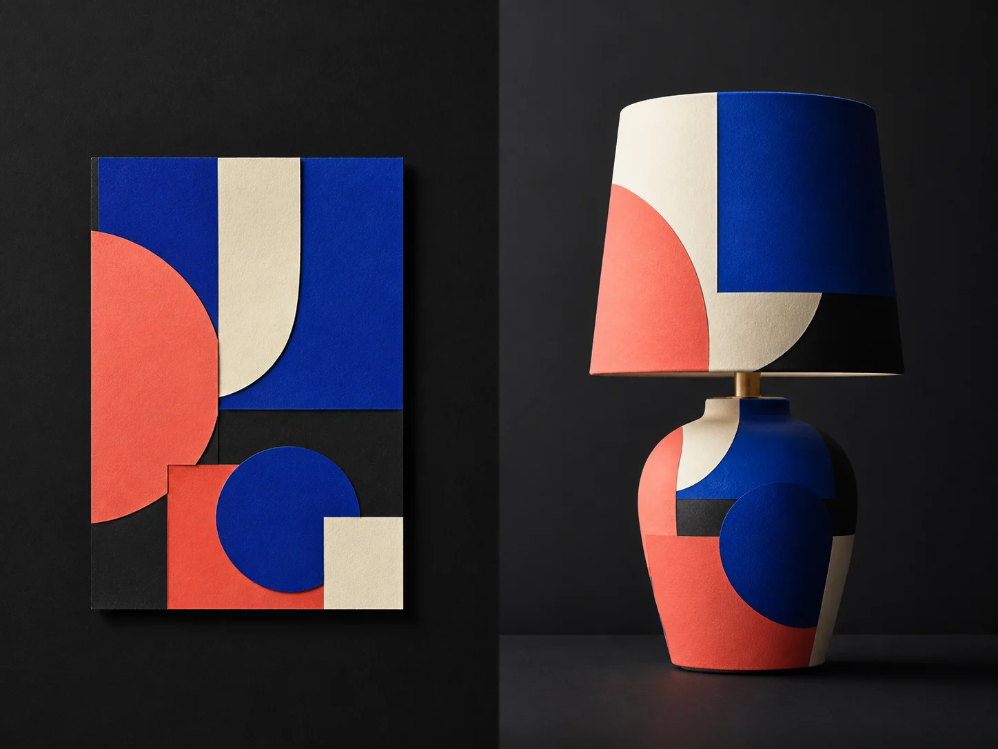 Geometric paper artwork transferred onto a ceramic lamp