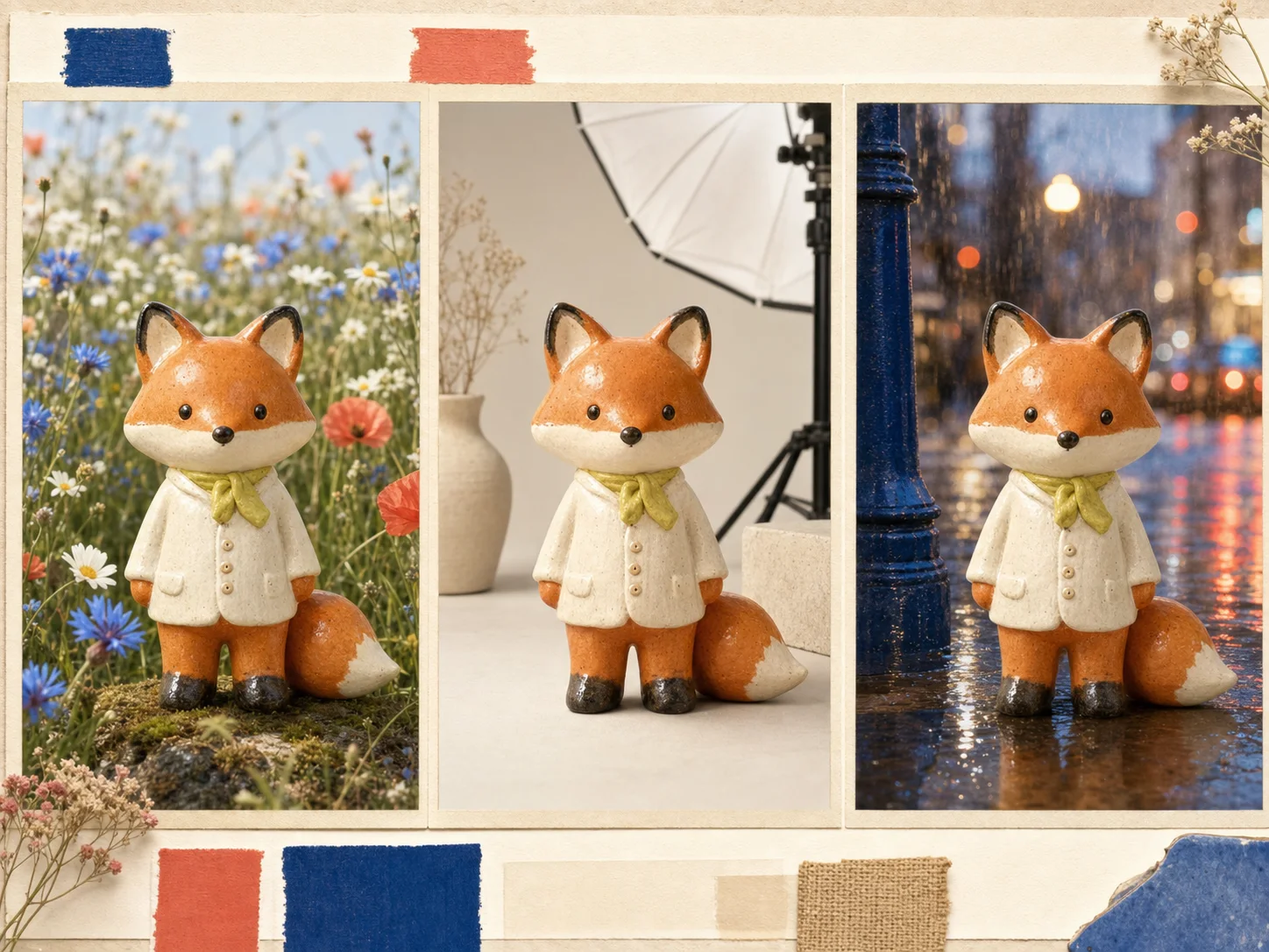 The same ceramic fox character preserved across three different environments