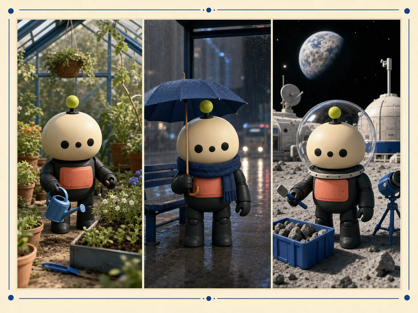 A consistent friendly toy robot explored in three outfit and setting variations