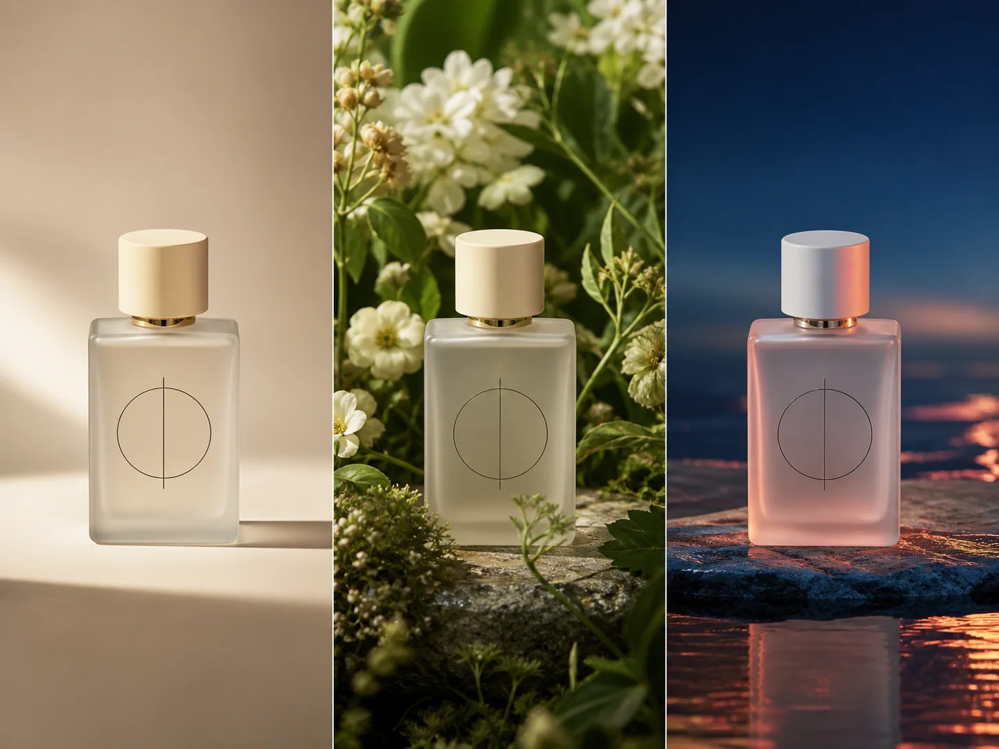 The same unbranded perfume bottle shown in three coordinated campaign settings