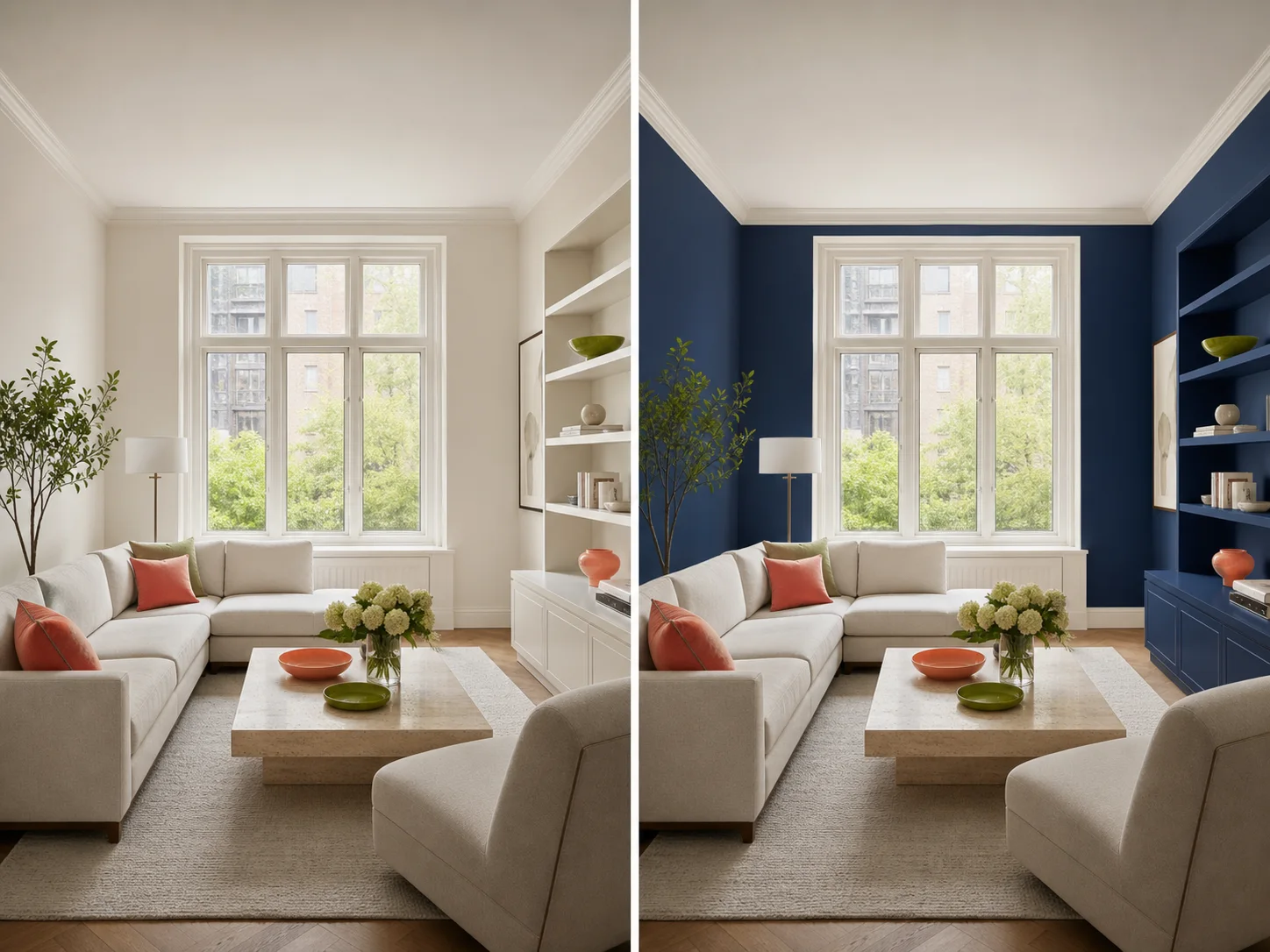 Living room before and after a controlled wall-color and shelving preview