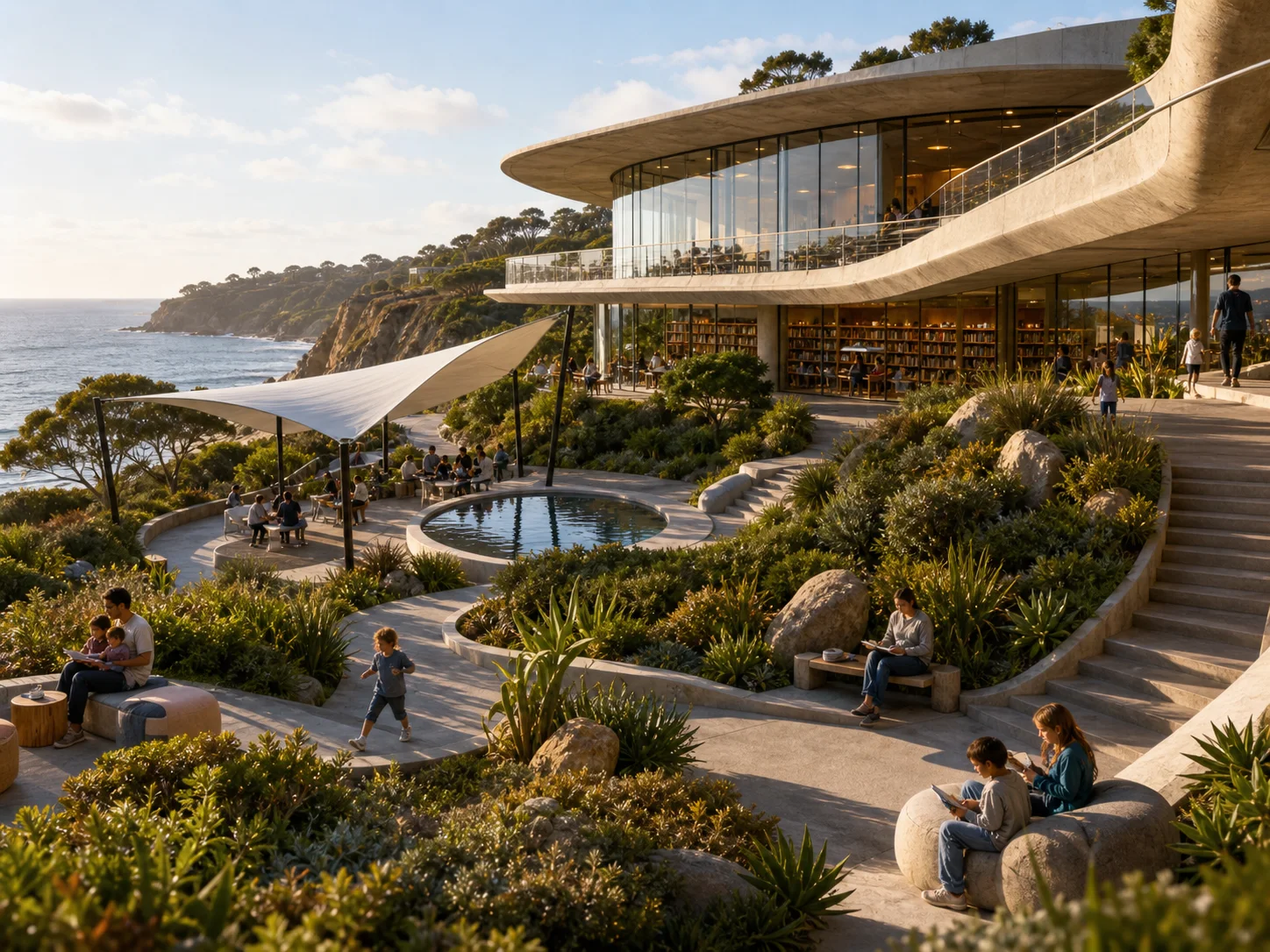 Coherent coastal library scene resolving architecture, gardens, people, and ocean context