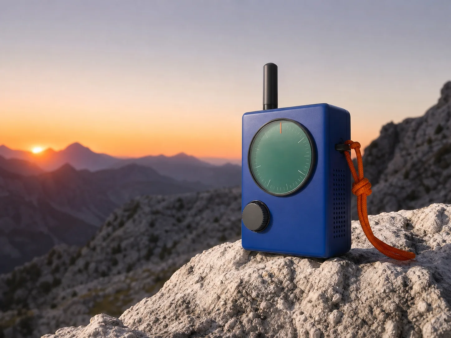 Fictional hiking radio in a detailed outdoor editorial scene