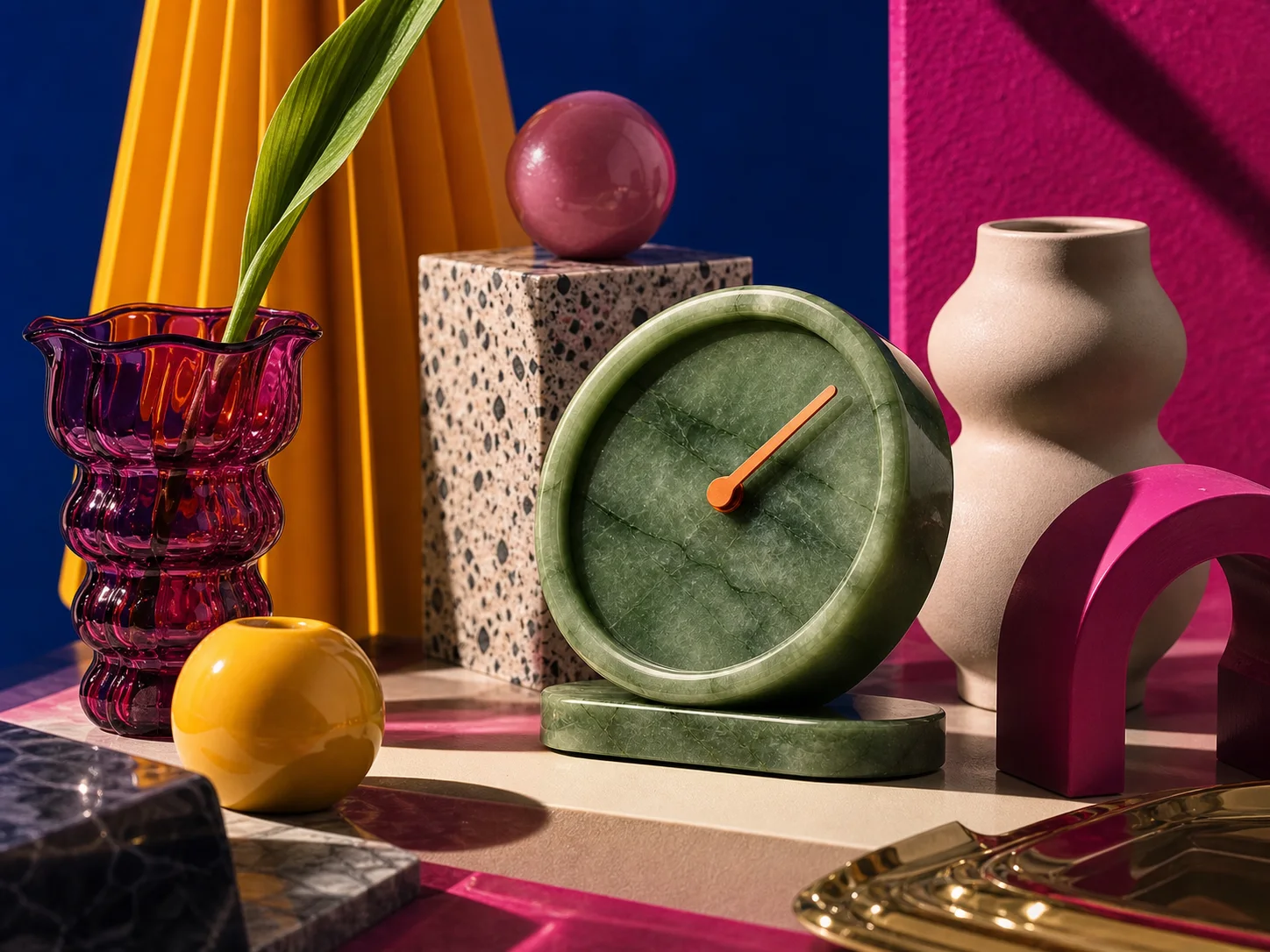 Same desk clock obscured by competing subjects, perspectives and light sources