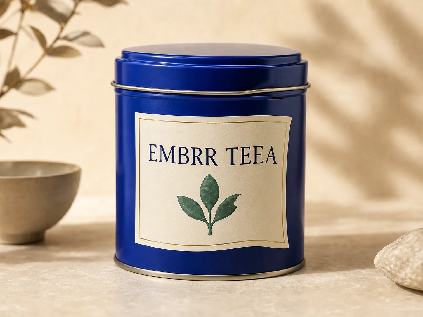 Same tea tin with spelling, edge and reflection errors left uncorrected