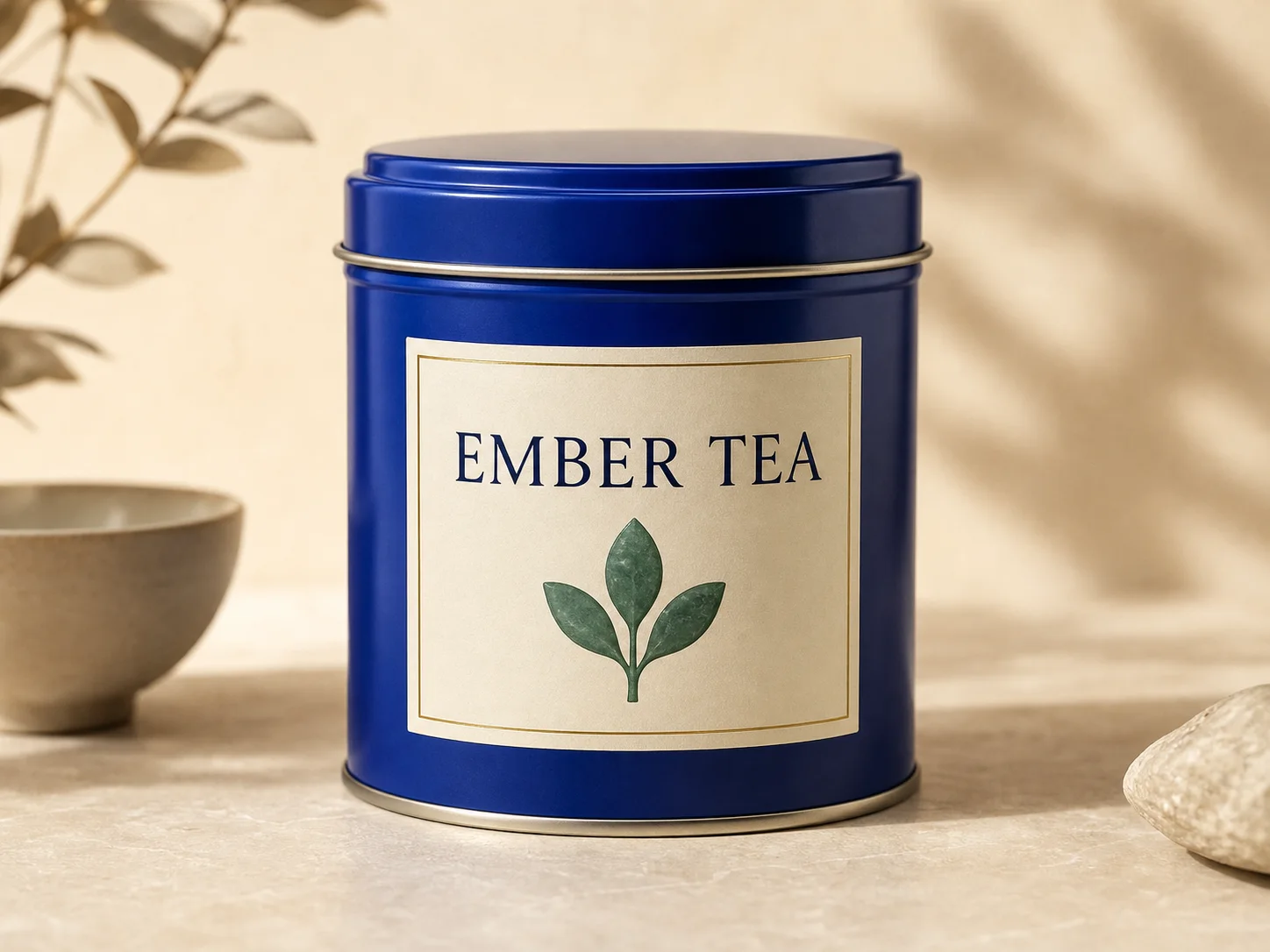 Cobalt tea tin with clear Ember Tea label and reviewable edges