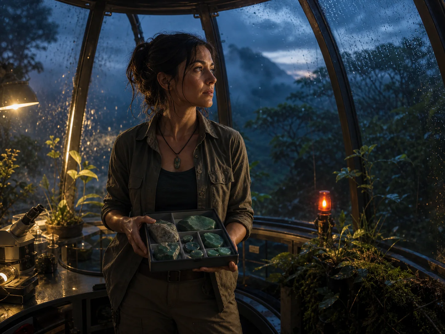 Structured rainforest observatory scene with coordinated subject, setting, light and palette