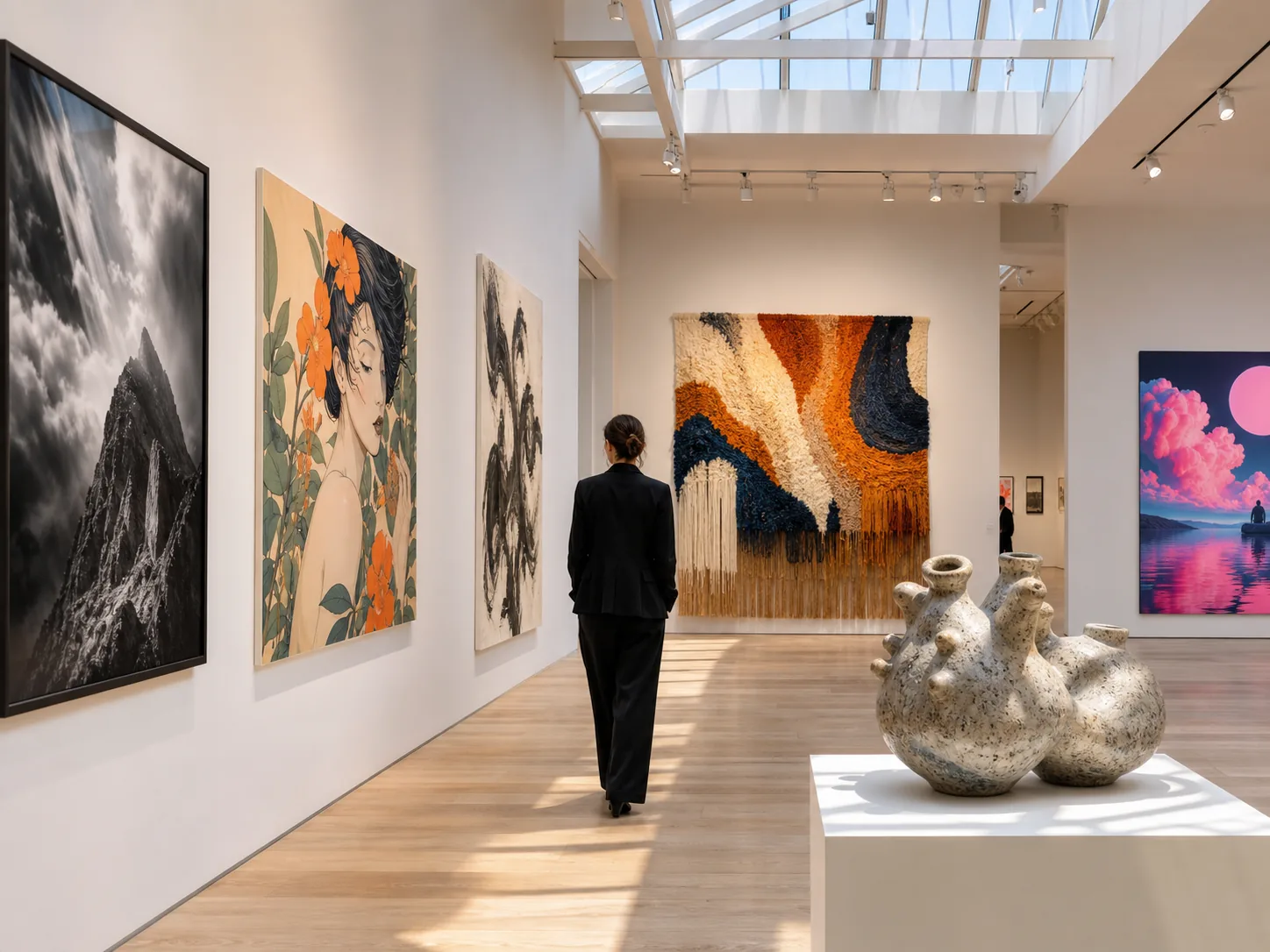 A gallery presenting photography, editorial illustration, ink painting, ceramics, and stylized digital art as one coherent exhibition