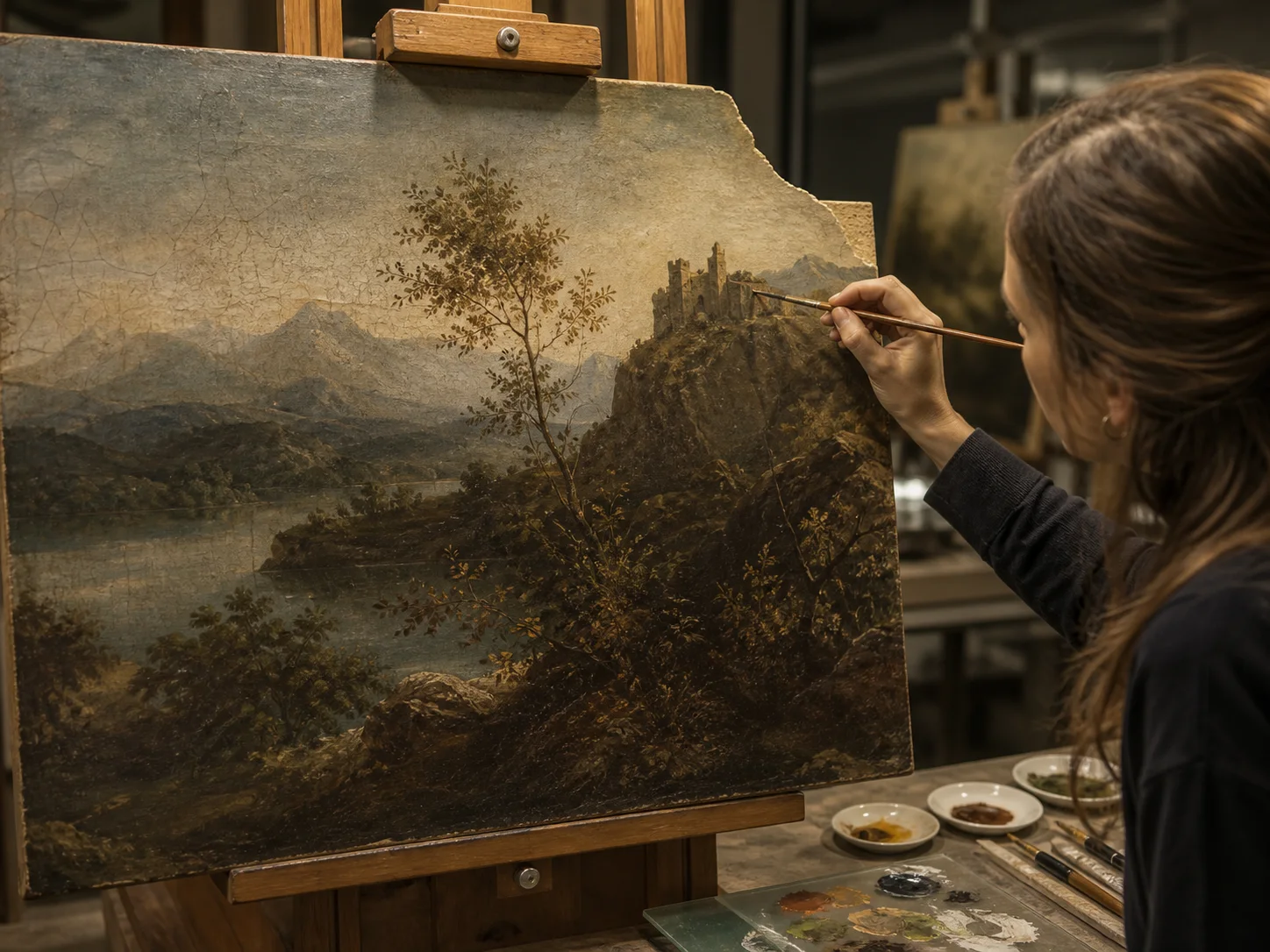 Museum conservator reconstructing a missing section of an aged landscape painting