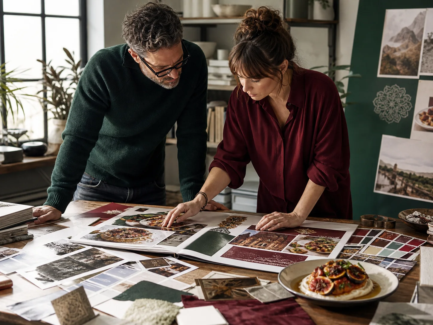Editorial team reviewing a finished travel and cuisine publication spread