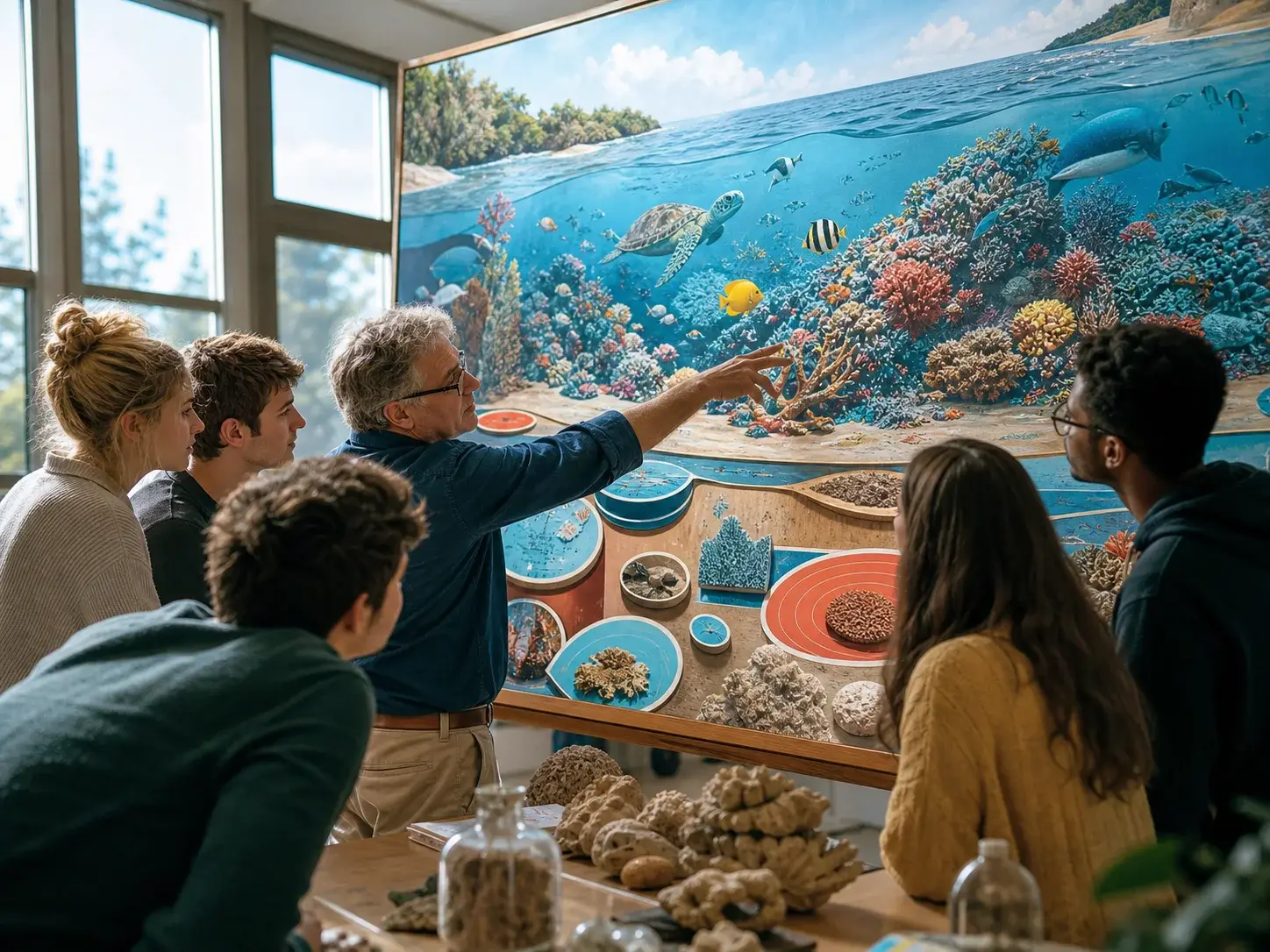 Science seminar studying an illustrated physical board about a coral reef ecosystem
