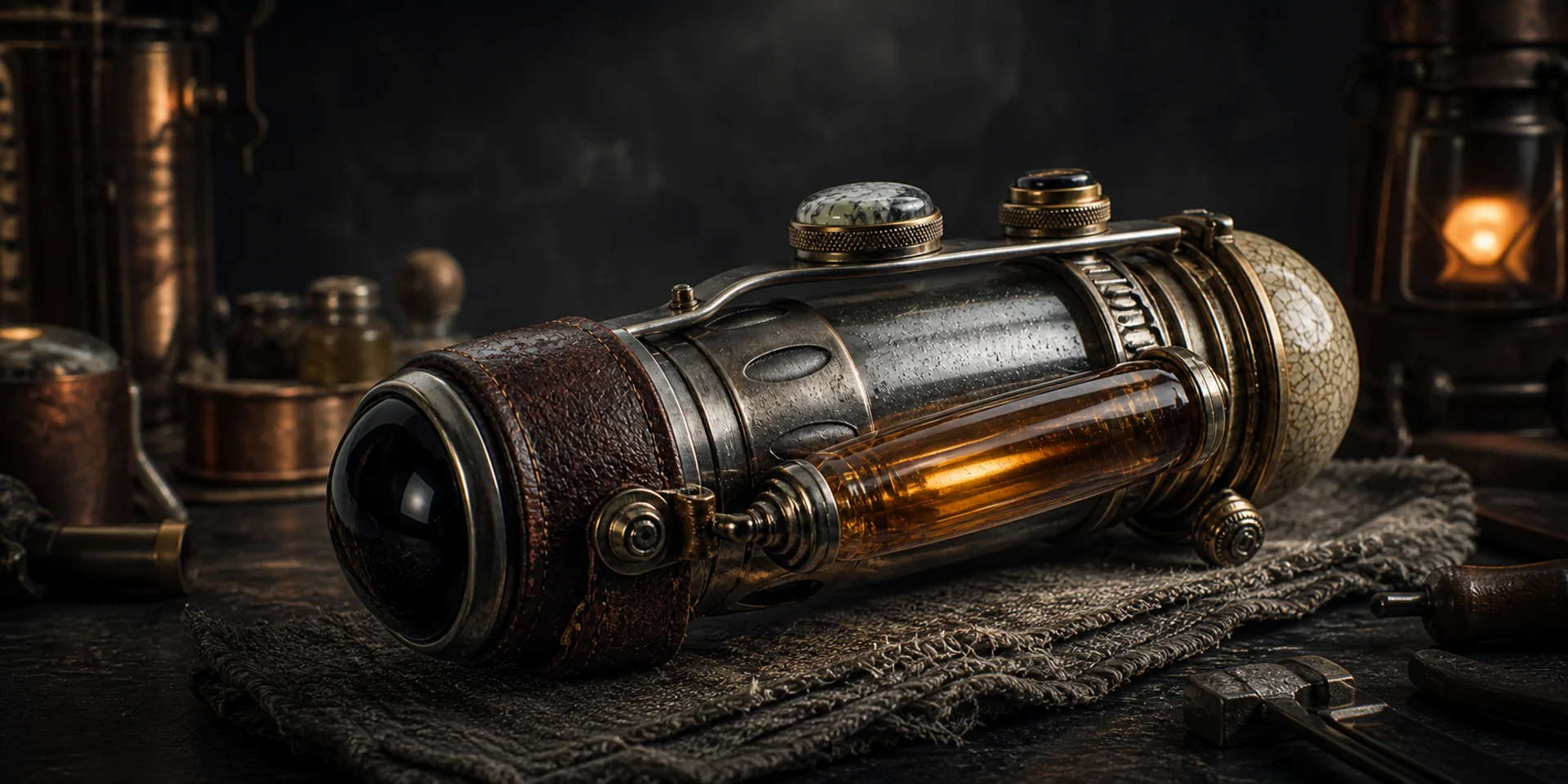 Intricate brass, steel, leather, and glass optical instrument in a dark artisan workshop