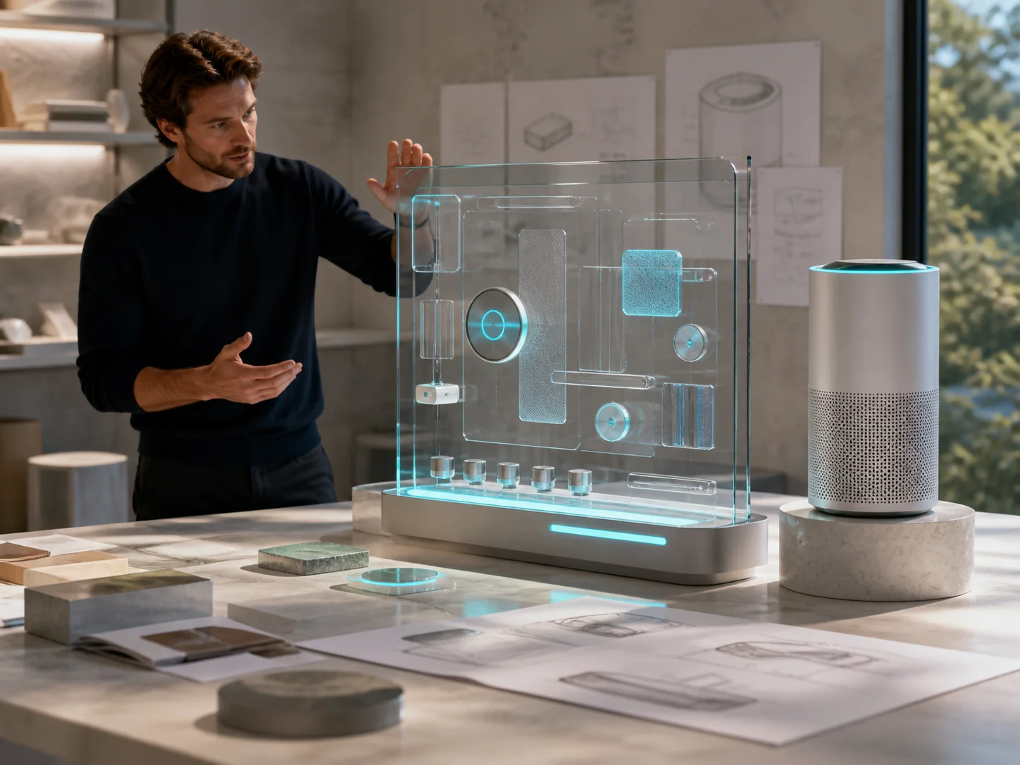 Industrial designer presenting a physical interaction prototype beside a home device