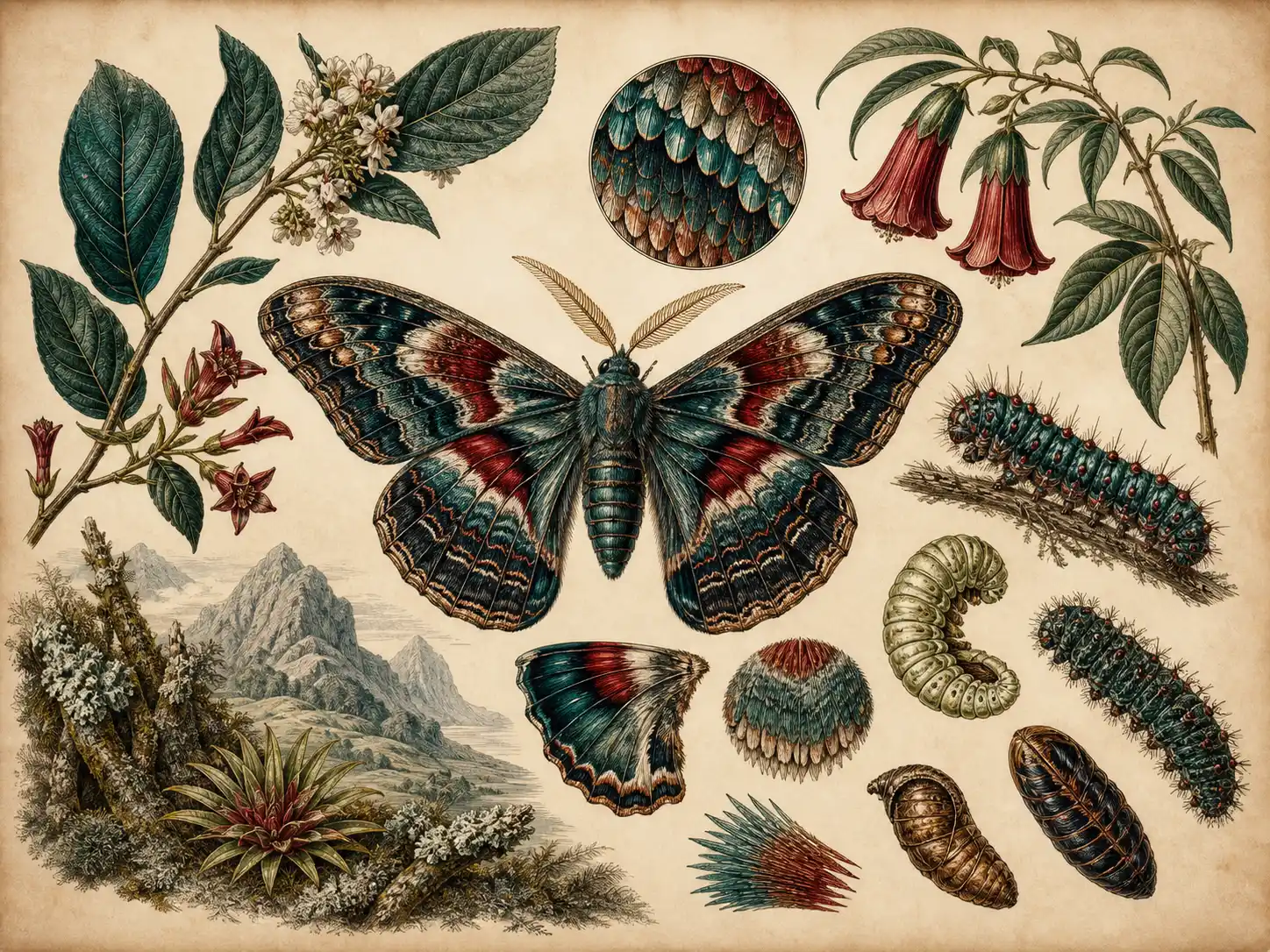 Natural-history specimen plate with a moth, host plants, and detailed life stages