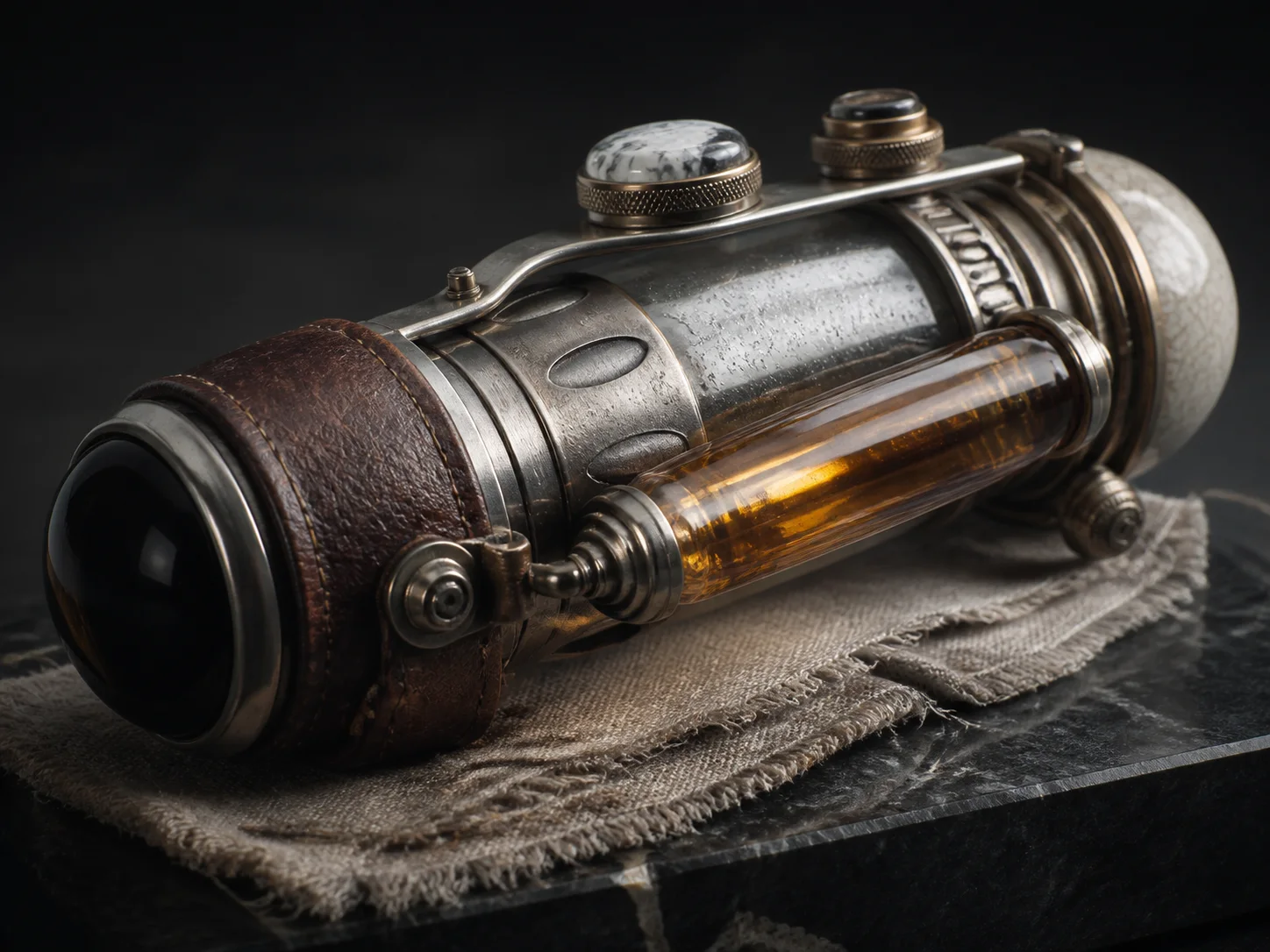 Fictional precision instrument combining detailed metal, glass, leather, and woven surfaces