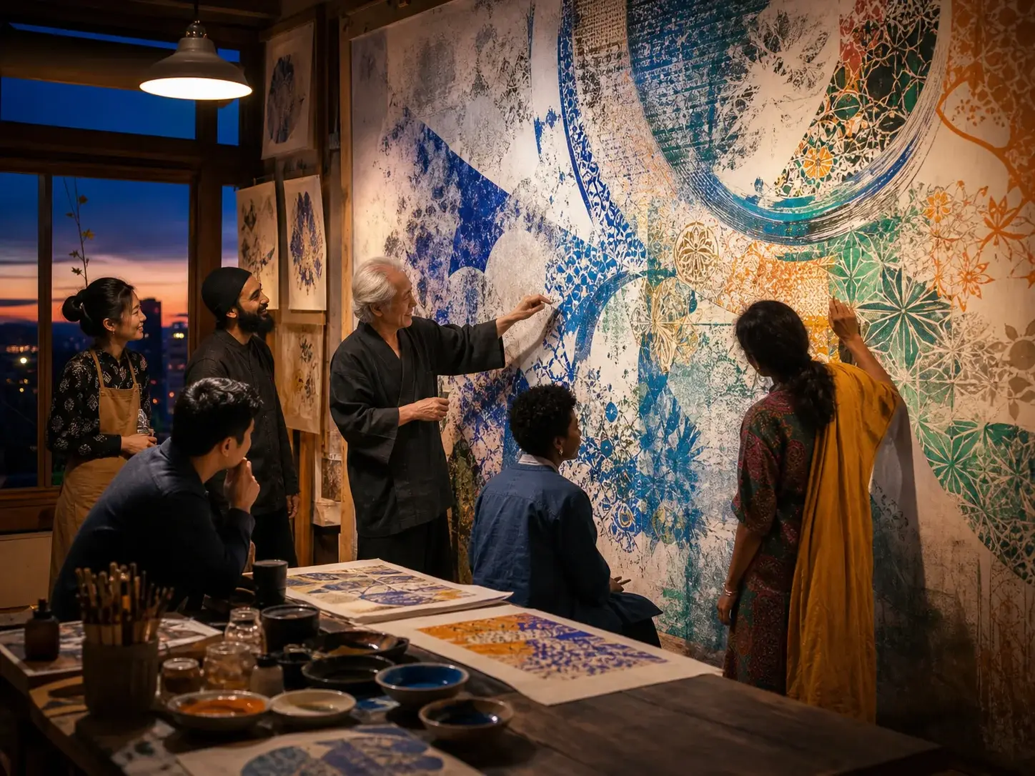 Multicultural artists creating one harmonious wall-sized artwork together