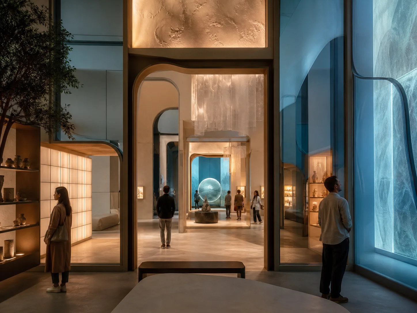 Exhibition pavilion with nested rooms, frames, and translucent architectural layers