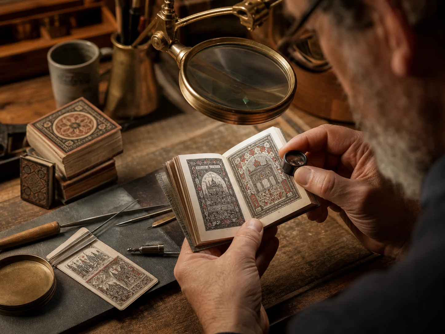 Artisan examining the fine detail of a miniature illustrated book through a magnifier