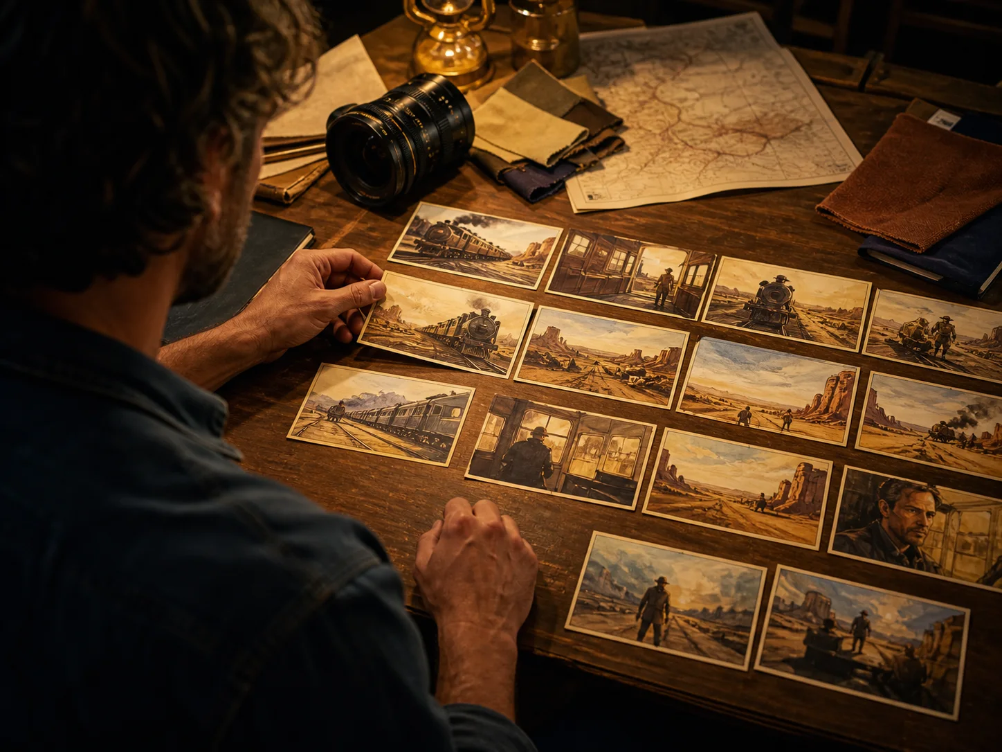 Film director arranging a sequence of painted storyboard cards on a production desk