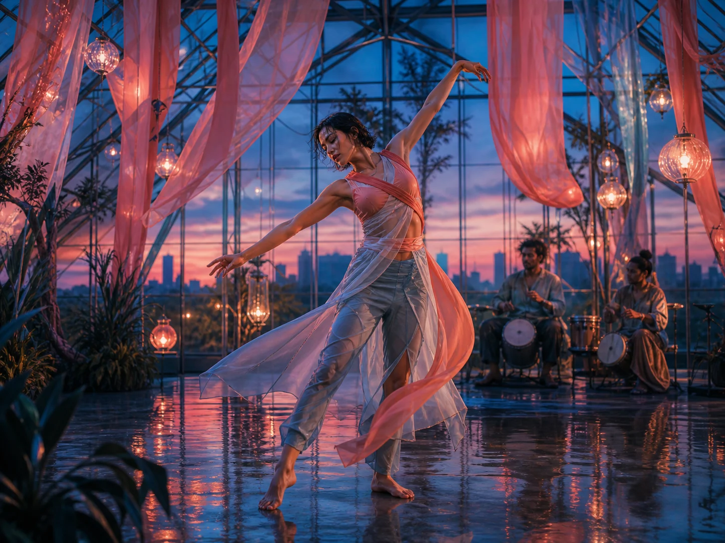 An original contemporary dancer performing in a finished glasshouse scene with coordinated wardrobe, lighting, motion, and musicians