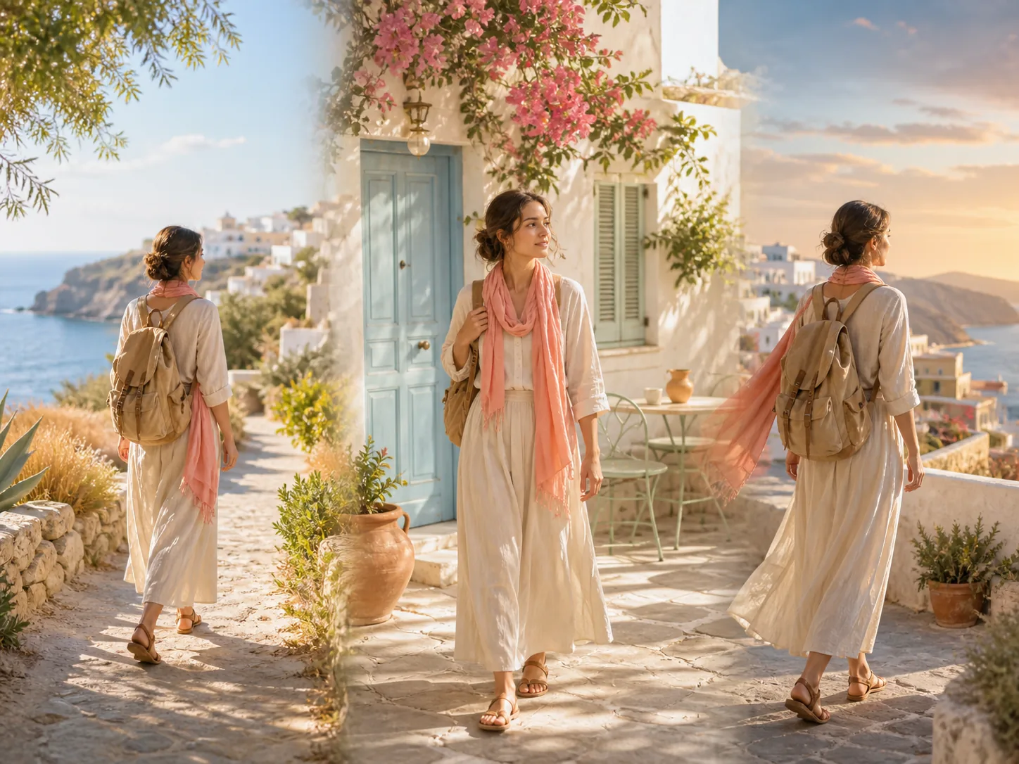 The same traveler moving through connected before, present, and onward moments in a sunlit coastal town