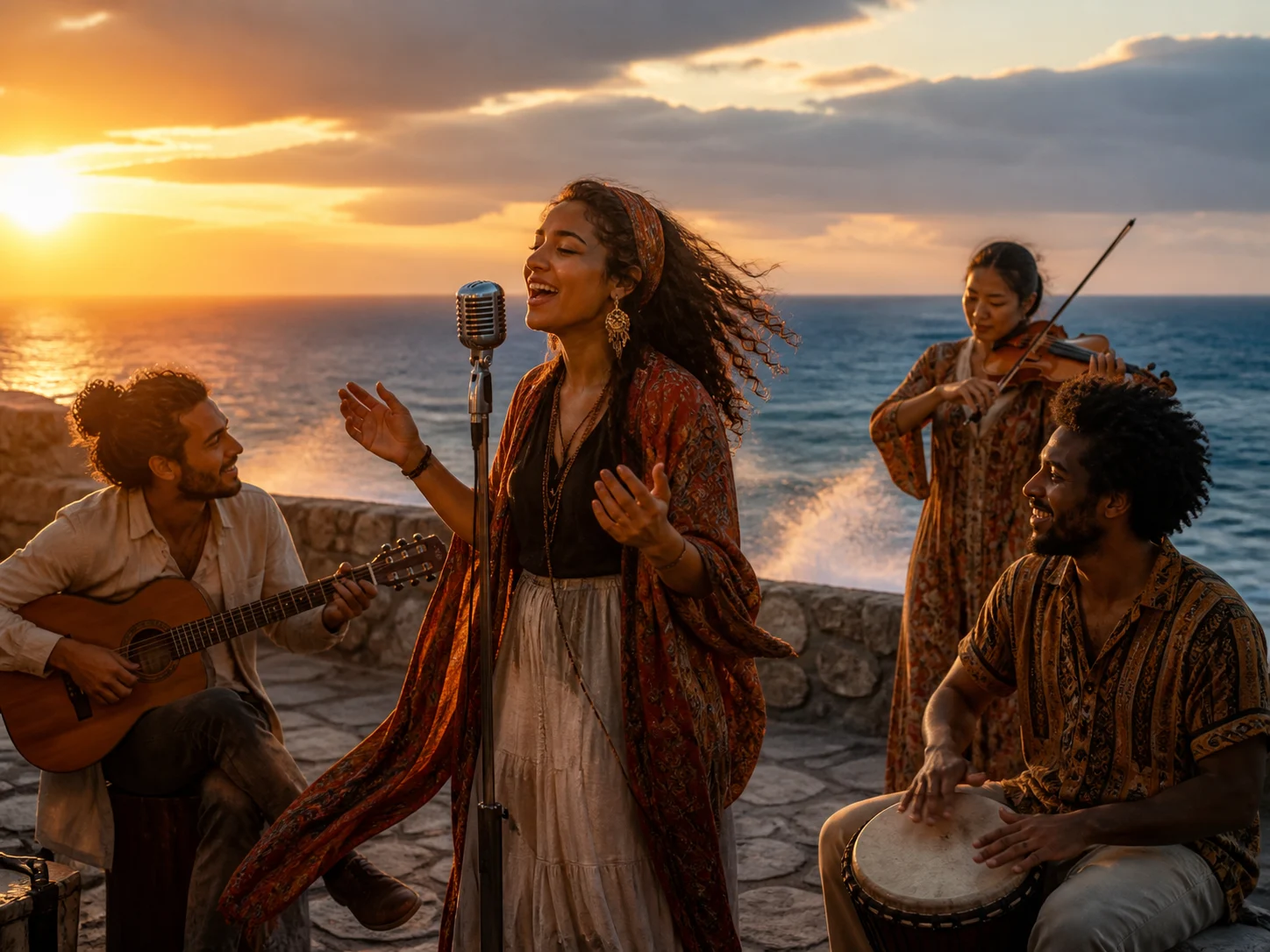 A seaside band performing together at sunset in a finished scene shaped around synchronized music and movement