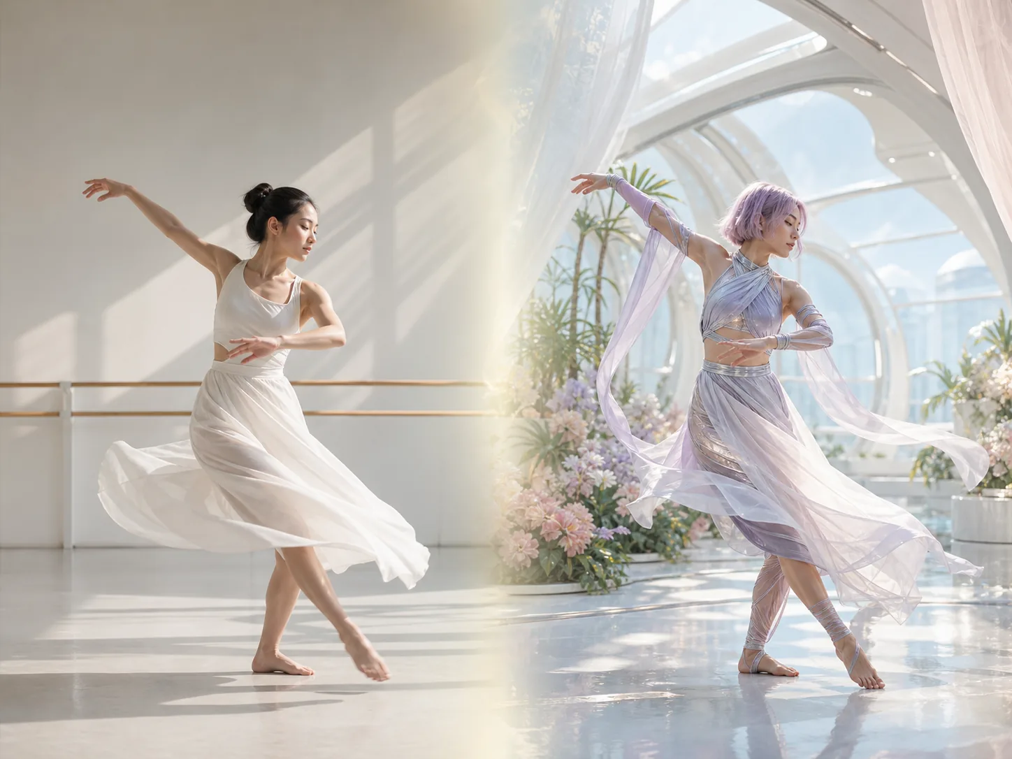A dancer's sweeping movement carried from a bright reference studio into a new pastel glasshouse performance