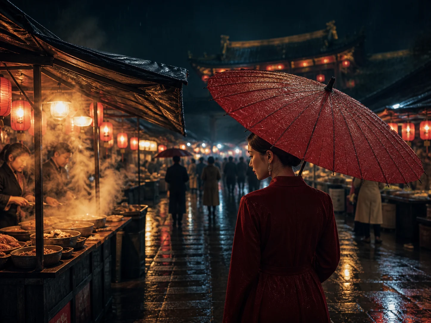 A finished night market scene centered on one red umbrella while the surrounding crowd and lantern light remain coherent