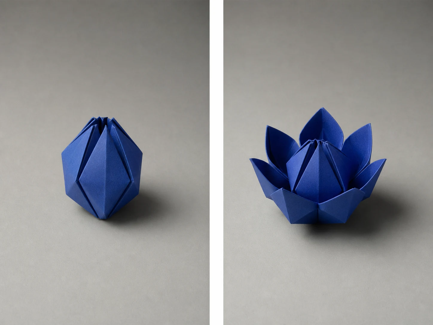 Matched opening and ending frames of one paper sculpture rotating on the same studio table