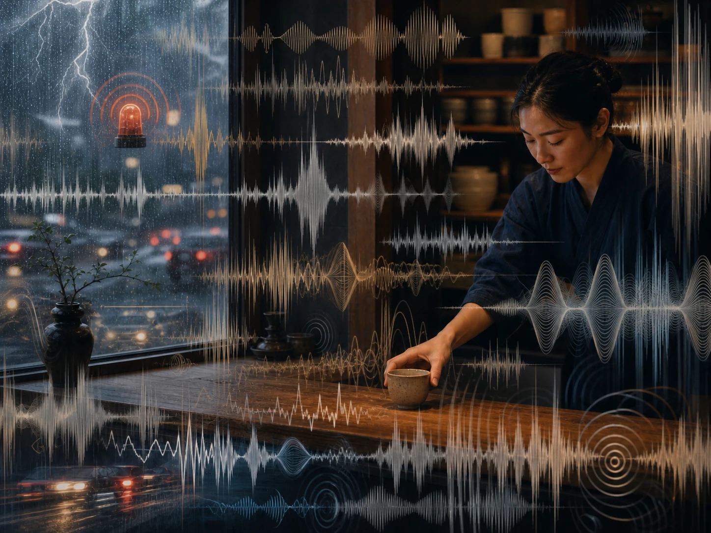The same tea shop scene overwhelmed by competing speech, music, alarms, and impact waveform cues