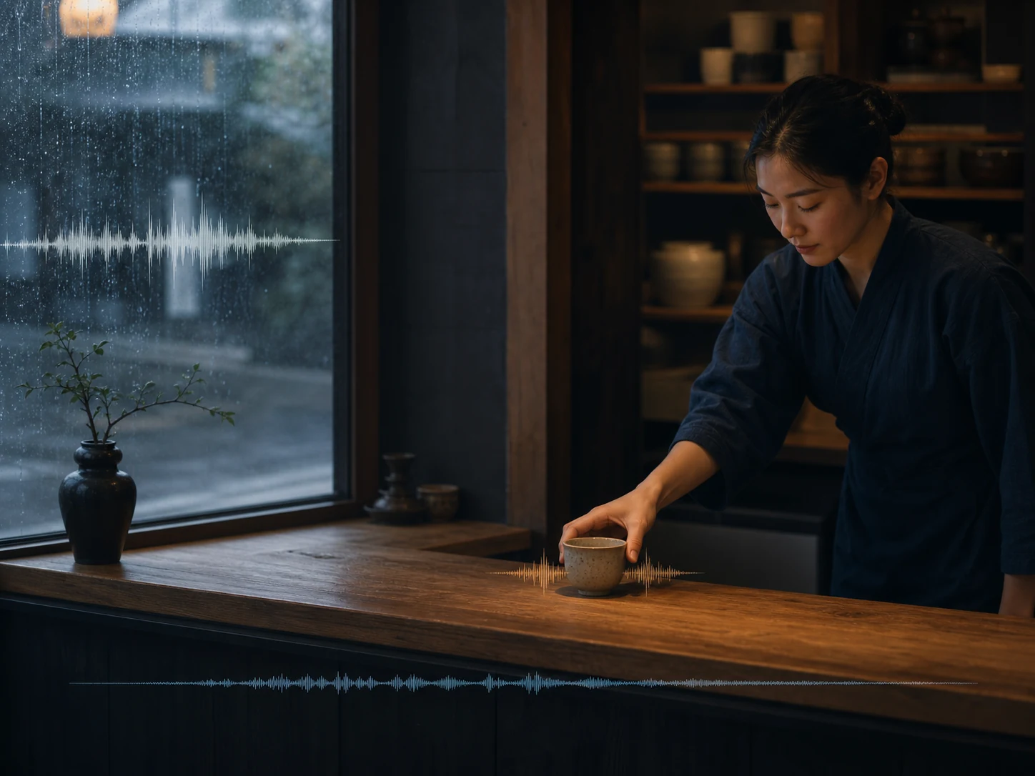 Quiet fictional tea shop scene with simple rain, cup, and room-tone waveform cues