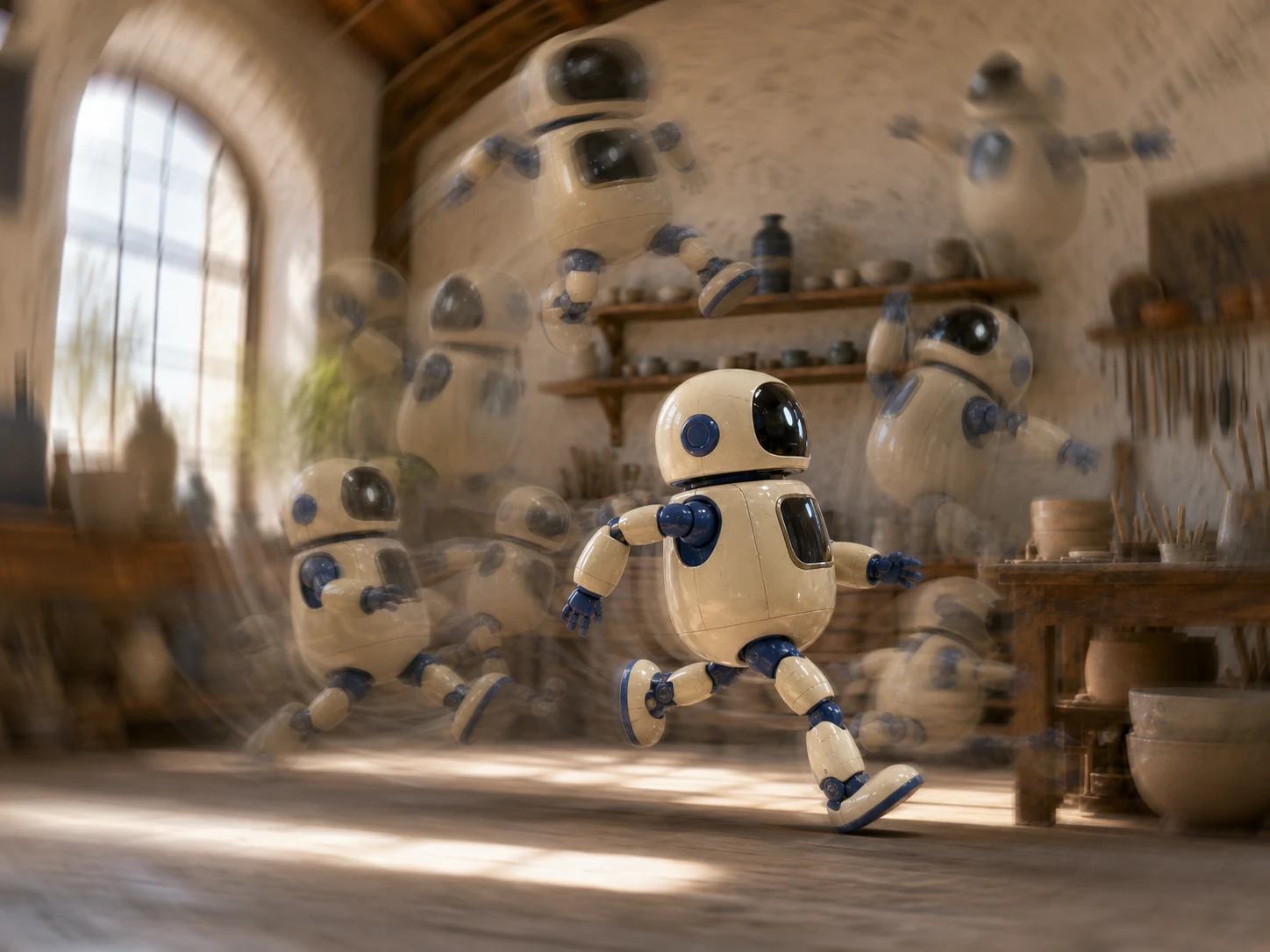 The same robot scene overloaded with conflicting actions, cuts, and camera directions